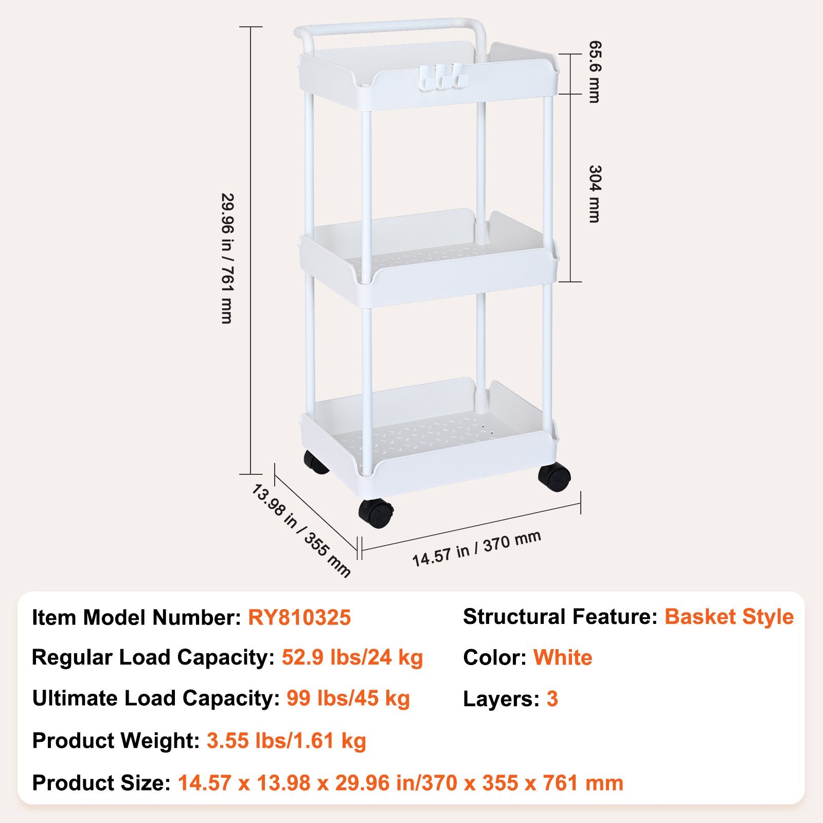 3-Tier White Rolling Utility Cart with Lockable Wheels, Multi-Functional Trolley for Kitchen, Office, Living Room, Movable Basket Organizer Shelves, Strong Load Capacity, Versatile Storage Solution