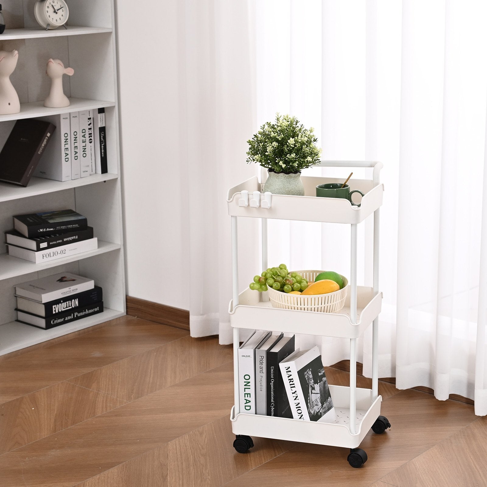 3-Tier White Rolling Utility Cart with Lockable Wheels, Multi-Functional Trolley for Kitchen, Office, Living Room, Movable Basket Organizer Shelves, Strong Load Capacity, Versatile Storage Solution