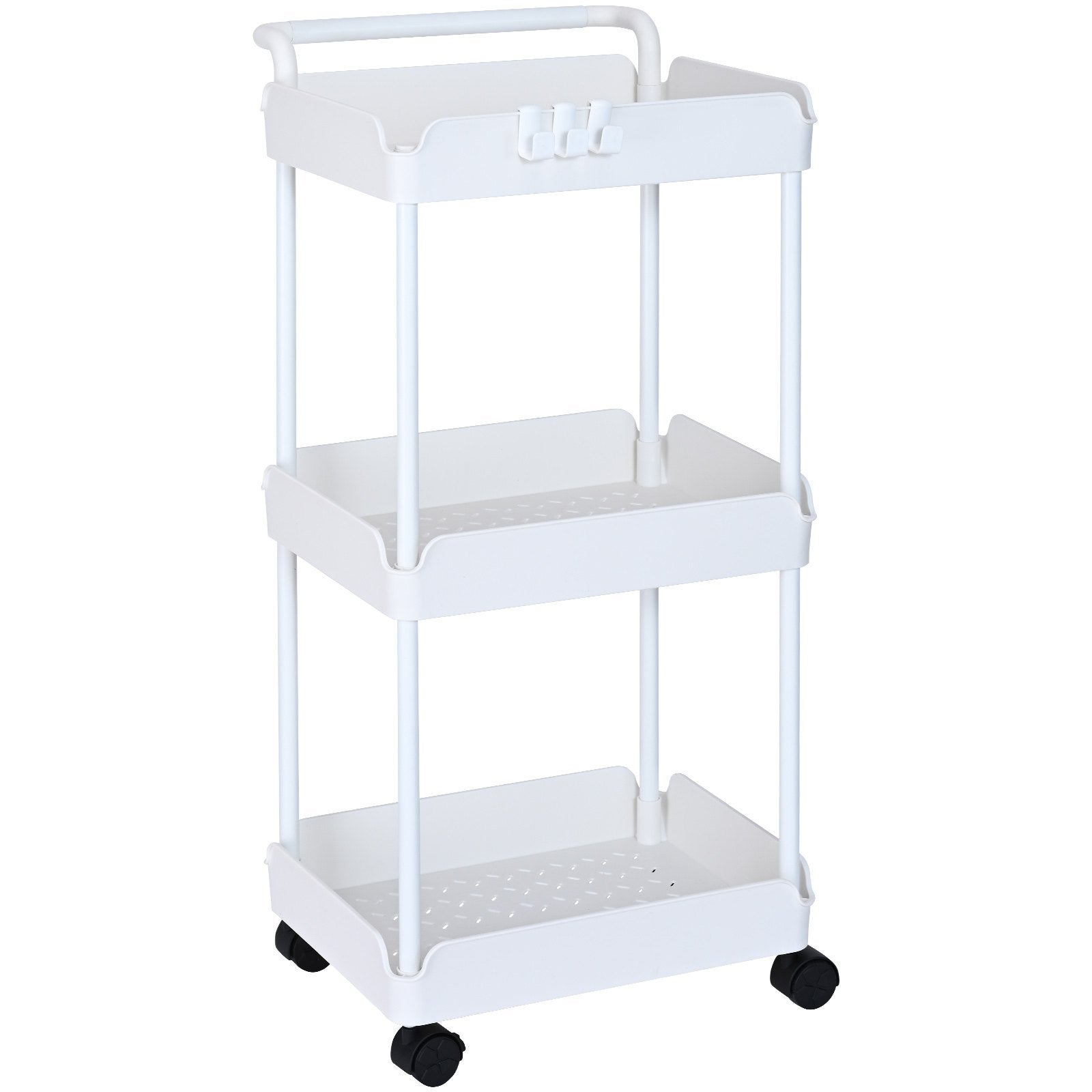 3-Tier White Rolling Utility Cart with Lockable Wheels, Multi-Functional Trolley for Kitchen, Office, Living Room, Movable Basket Organizer Shelves, Strong Load Capacity, Versatile Storage Solution
