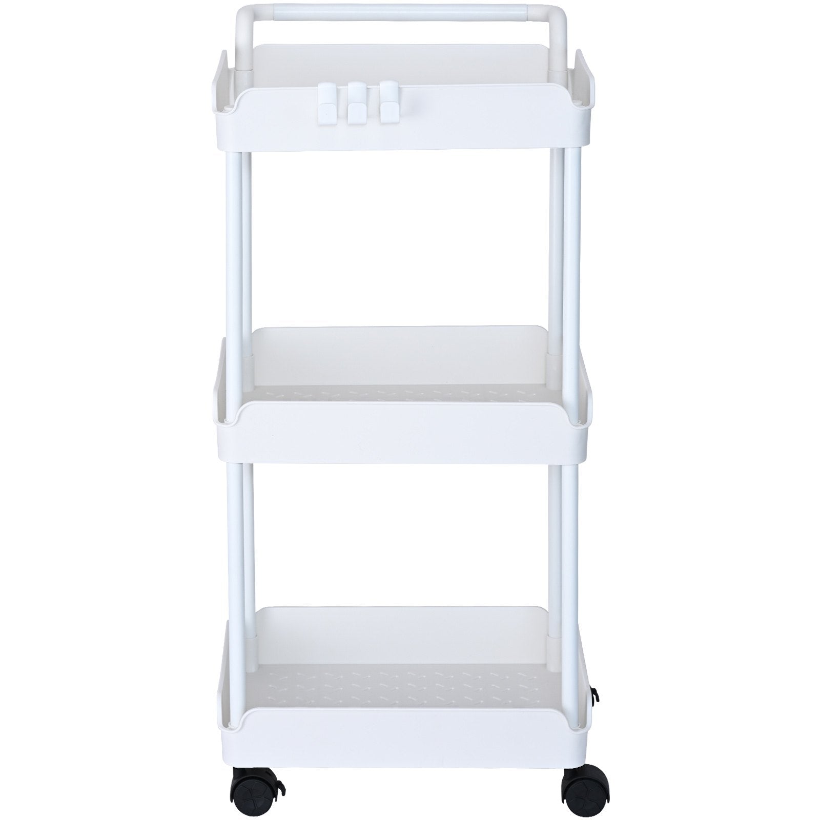 3-Tier White Rolling Utility Cart with Lockable Wheels, Multi-Functional Trolley for Kitchen, Office, Living Room, Movable Basket Organizer Shelves, Strong Load Capacity, Versatile Storage Solution