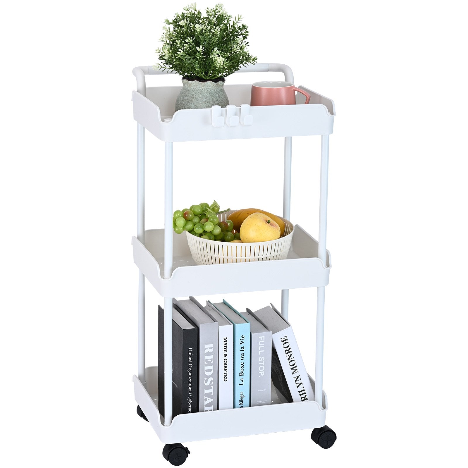 3-Tier White Rolling Utility Cart with Lockable Wheels, Multi-Functional Trolley for Kitchen, Office, Living Room, Movable Basket Organizer Shelves, Strong Load Capacity, Versatile Storage Solution