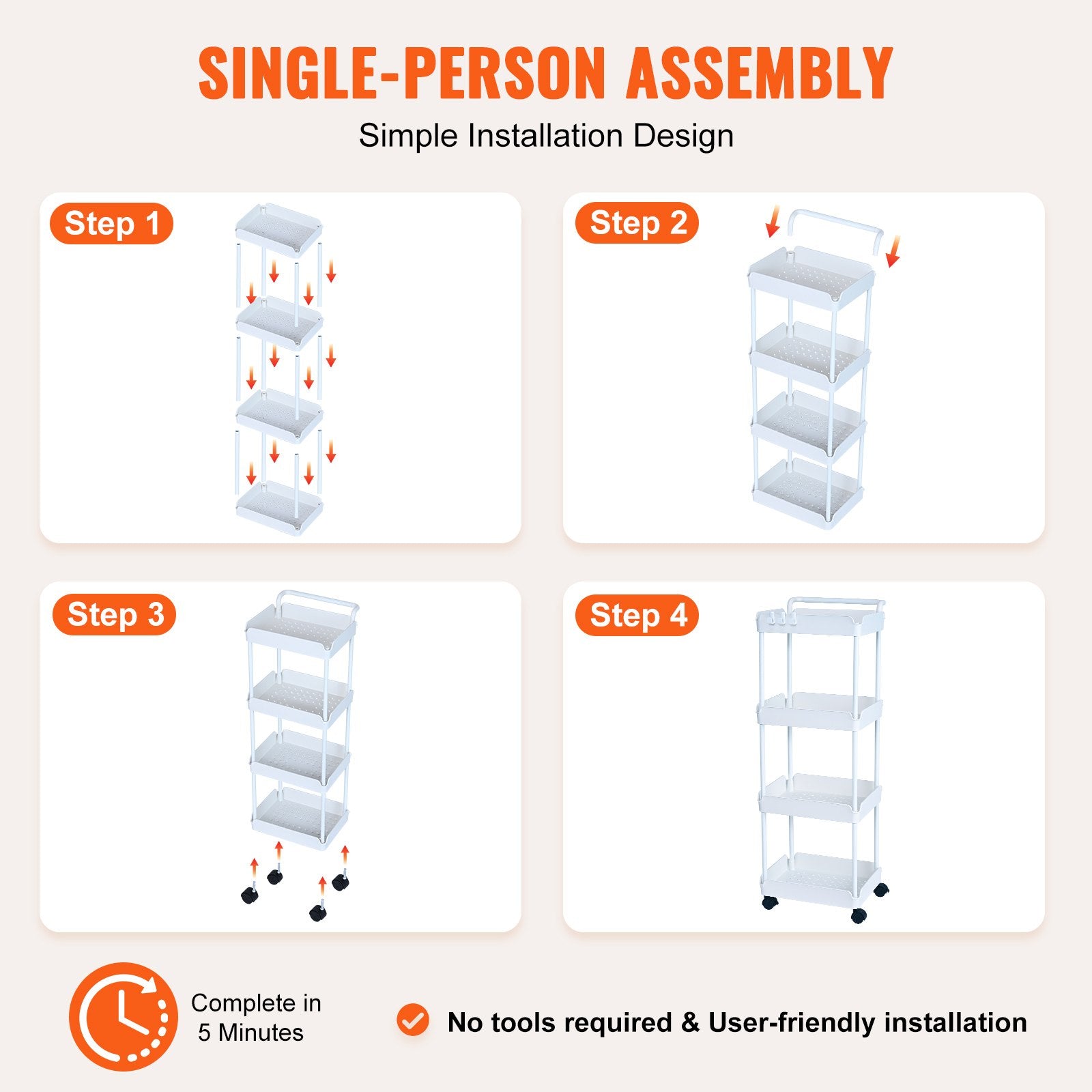 White 4-Tier Rolling Utility Cart with Lockable Wheels - Multi-Functional Storage Trolley for Kitchen, Office, Living Room, Versatile Basket Organizer Shelves, Strong Load Capacity, Effort-Saving Design