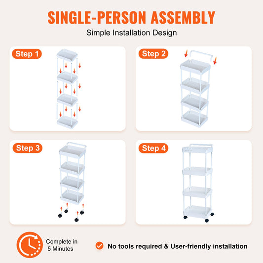 White 4-Tier Rolling Utility Cart with Lockable Wheels - Multi-Functional Storage Trolley for Kitchen, Office, Living Room, Versatile Basket Organizer Shelves, Strong Load Capacity, Effort-Saving Design