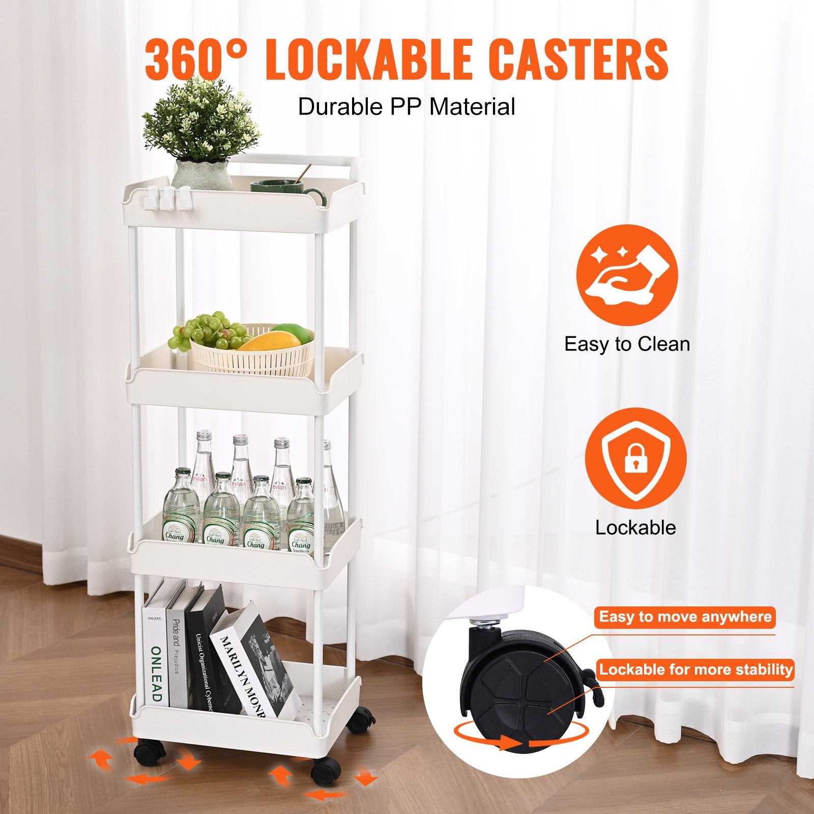 White 4-Tier Rolling Utility Cart with Lockable Wheels - Multi-Functional Storage Trolley for Kitchen, Office, Living Room, Versatile Basket Organizer Shelves, Strong Load Capacity, Effort-Saving Design