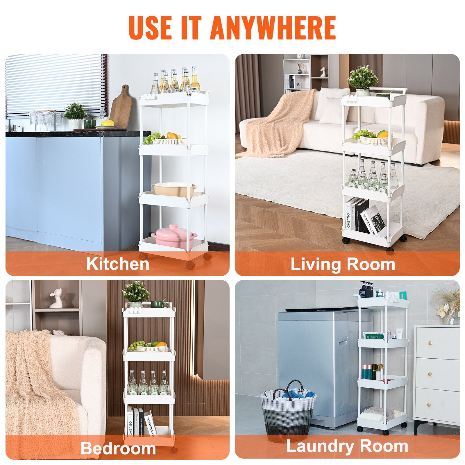 White 4-Tier Rolling Utility Cart with Lockable Wheels - Multi-Functional Storage Trolley for Kitchen, Office, Living Room, Versatile Basket Organizer Shelves, Strong Load Capacity, Effort-Saving Design