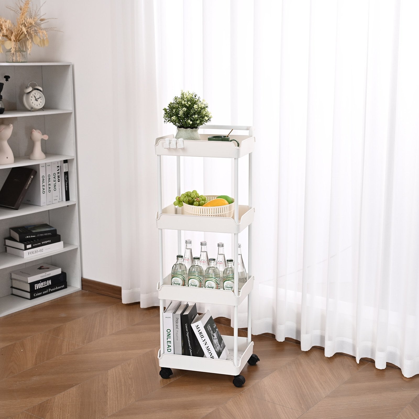 White 4-Tier Rolling Utility Cart with Lockable Wheels - Multi-Functional Storage Trolley for Kitchen, Office, Living Room, Versatile Basket Organizer Shelves, Strong Load Capacity, Effort-Saving Design