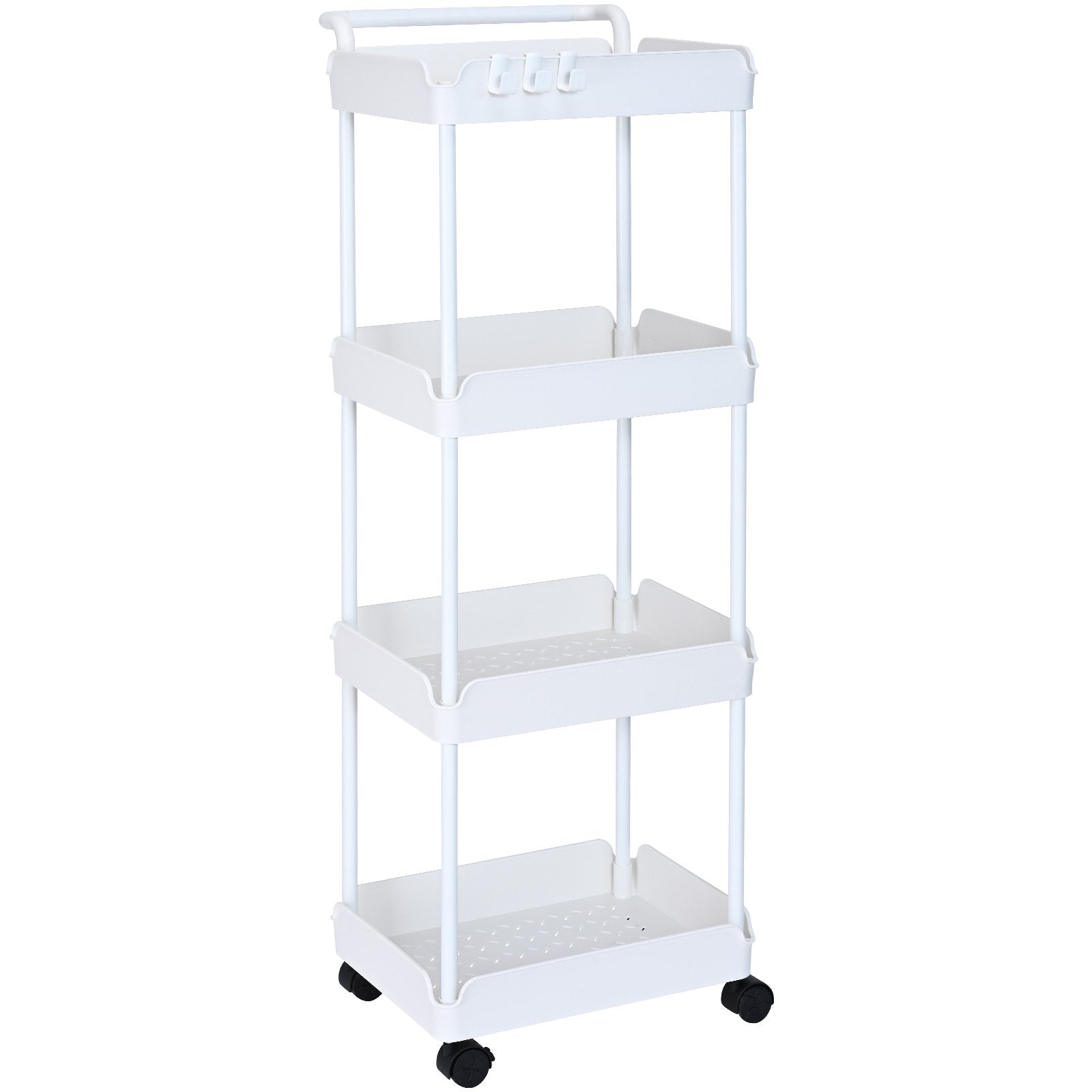 White 4-Tier Rolling Utility Cart with Lockable Wheels - Multi-Functional Storage Trolley for Kitchen, Office, Living Room, Versatile Basket Organizer Shelves, Strong Load Capacity, Effort-Saving Design