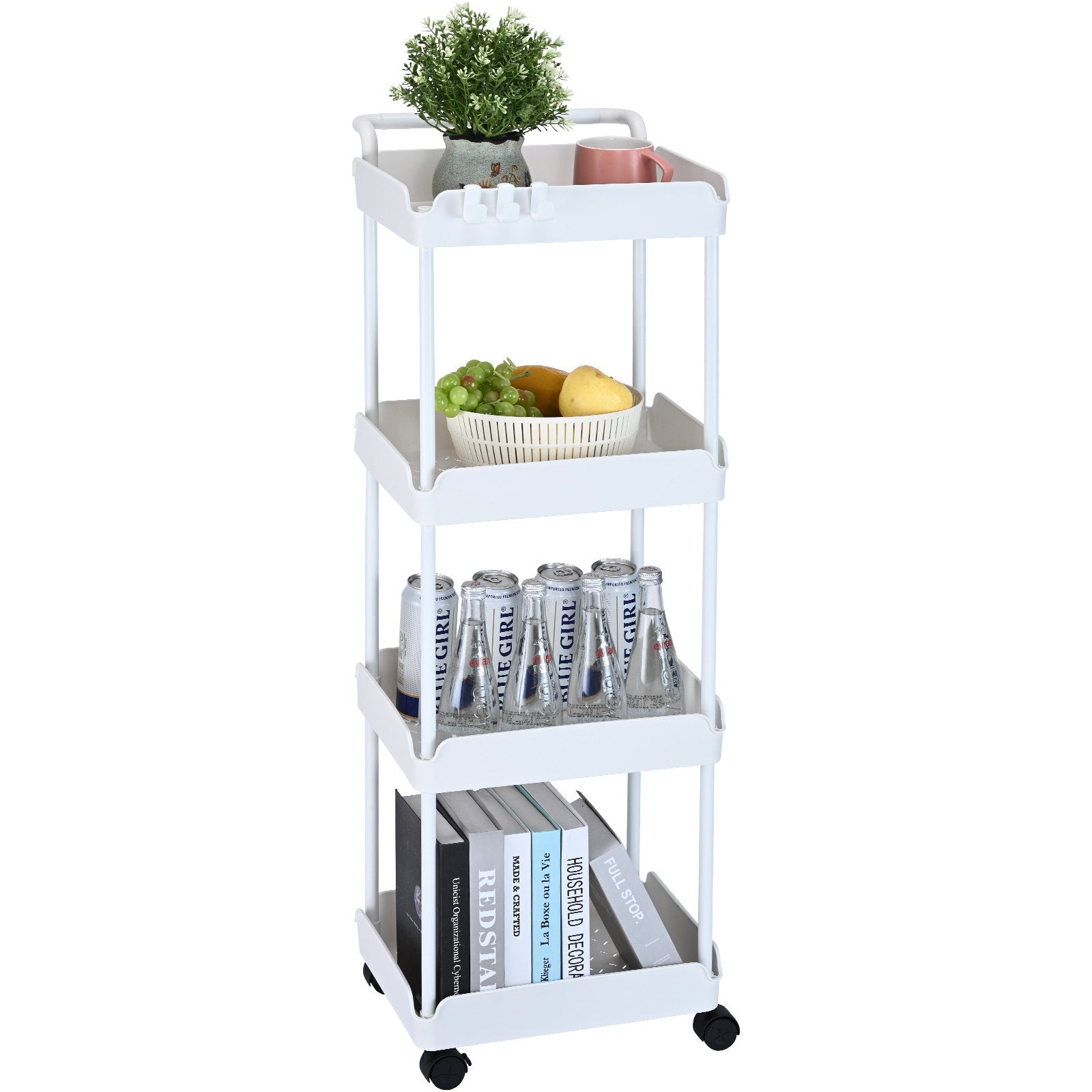 White 4-Tier Rolling Utility Cart with Lockable Wheels - Multi-Functional Storage Trolley for Kitchen, Office, Living Room, Versatile Basket Organizer Shelves, Strong Load Capacity, Effort-Saving Design
