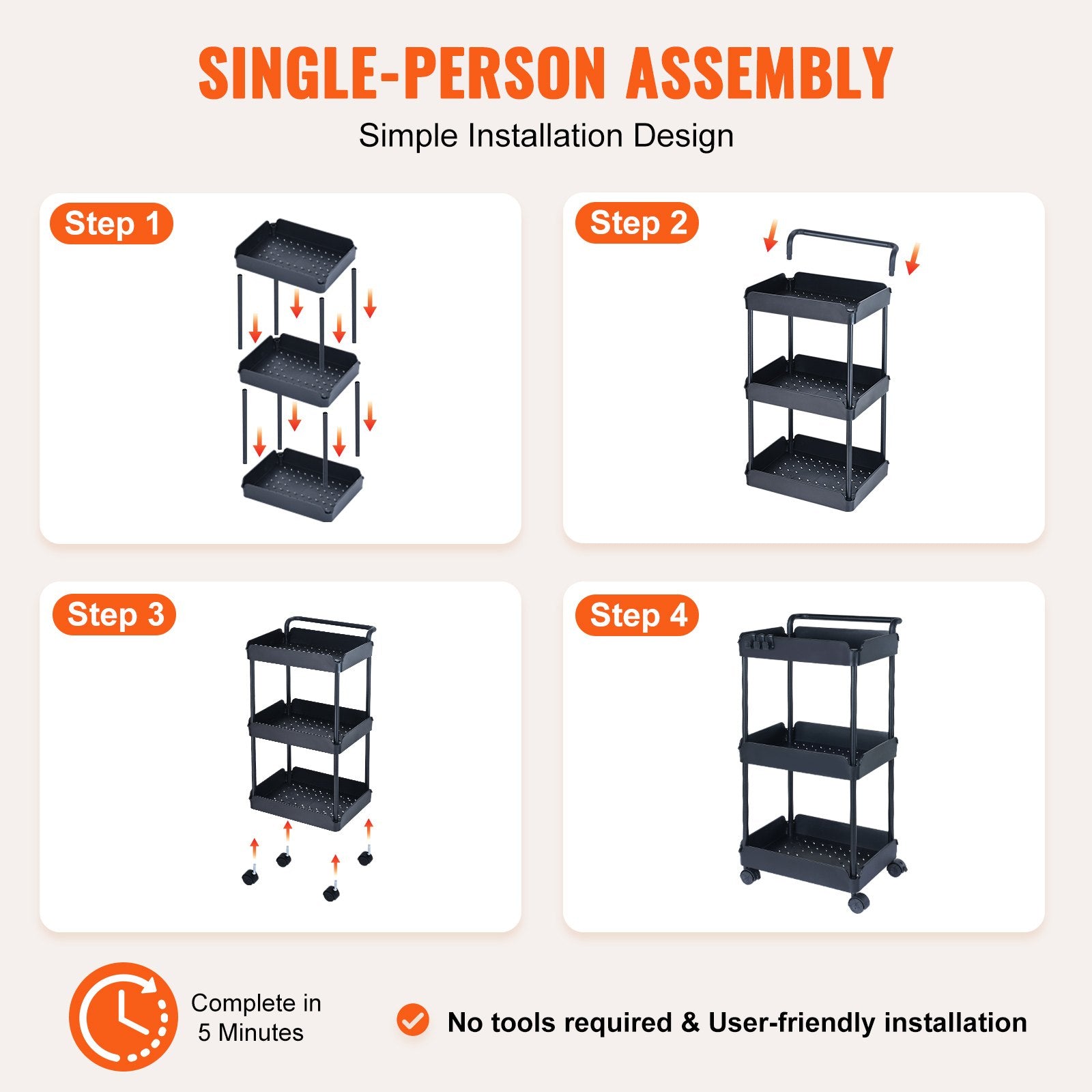 3-Tier Multi-Functional Rolling Utility Cart with Lockable Wheels, Movable Storage Basket Trolley for Kitchen, Office, Living Room - Black