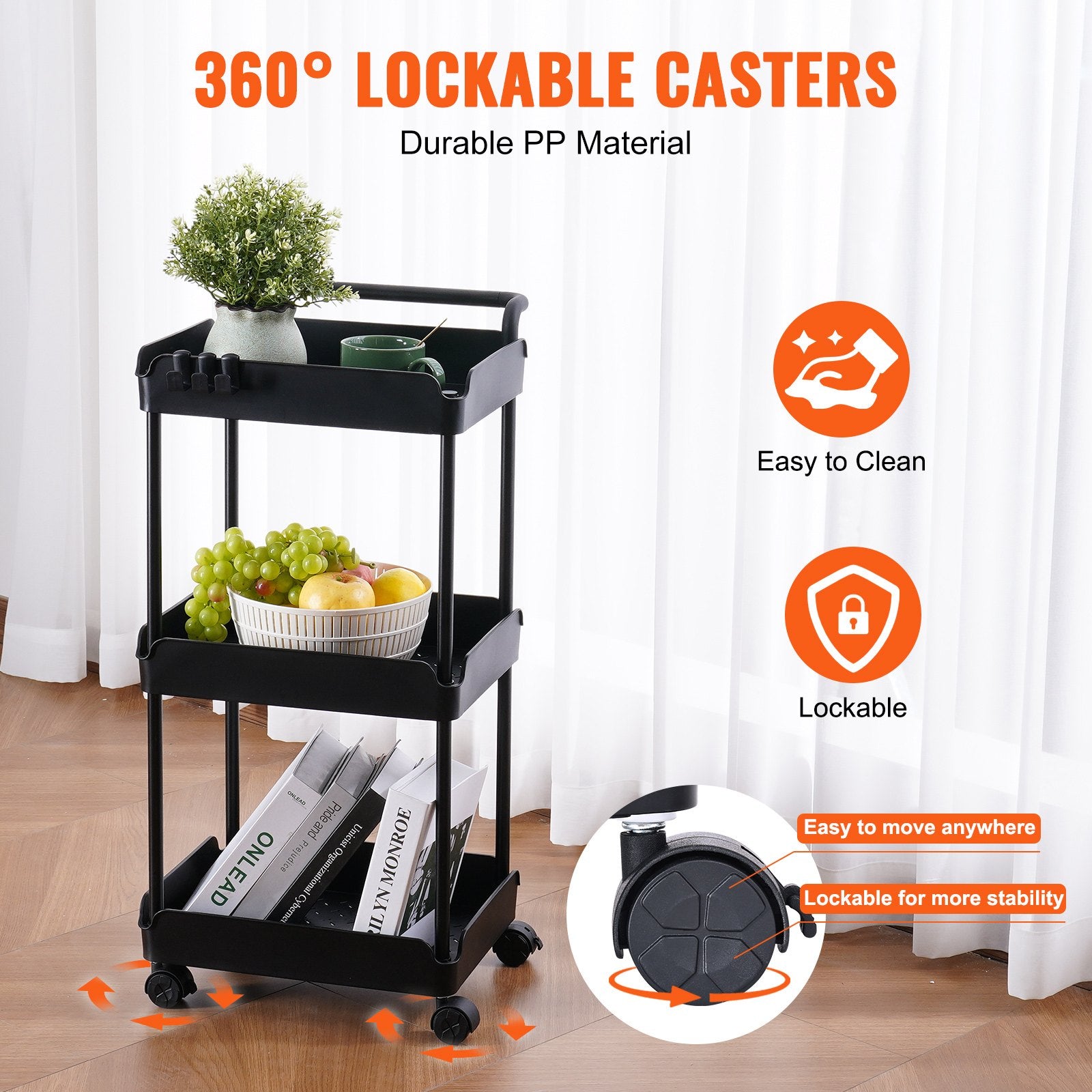 3-Tier Multi-Functional Rolling Utility Cart with Lockable Wheels, Movable Storage Basket Trolley for Kitchen, Office, Living Room - Black