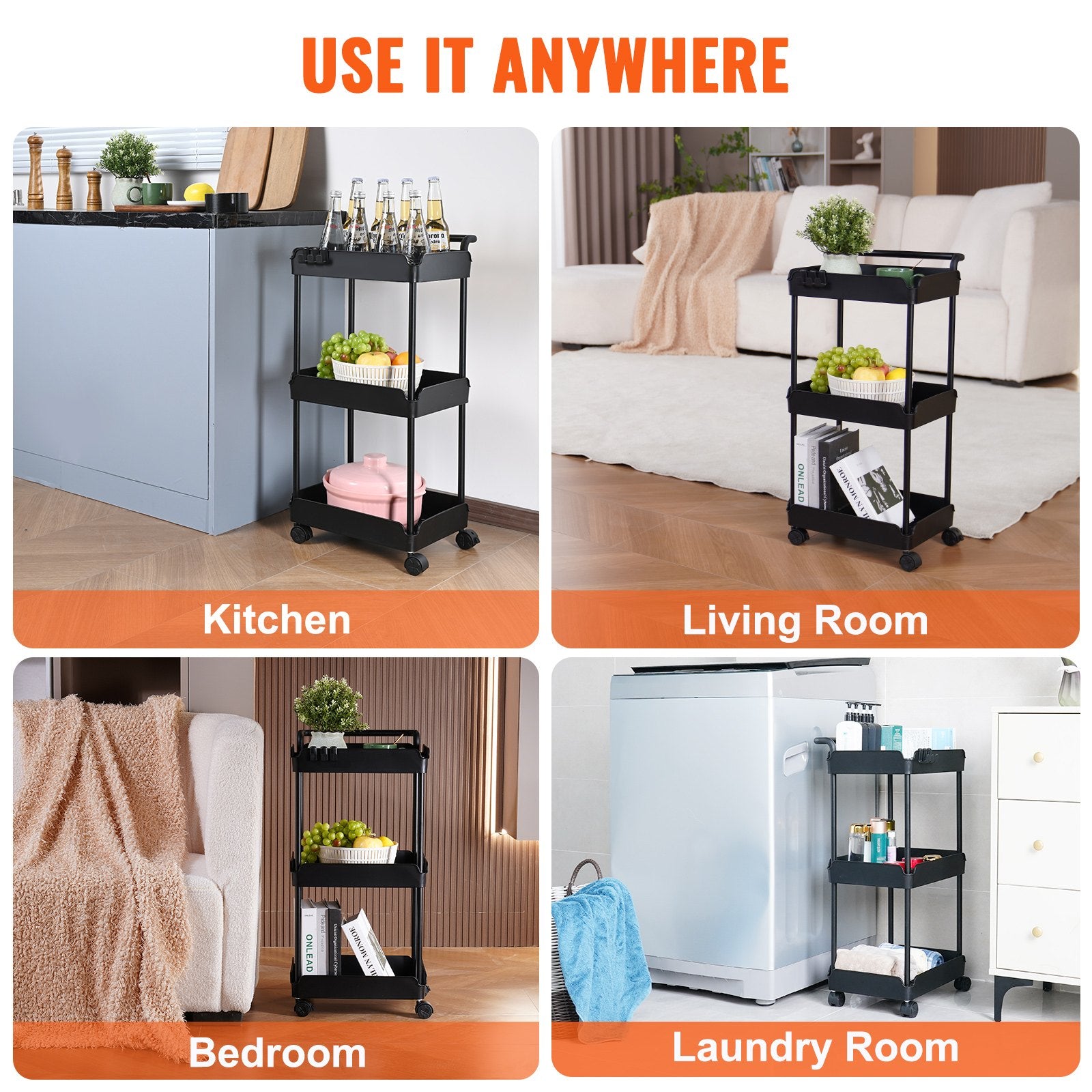 3-Tier Multi-Functional Rolling Utility Cart with Lockable Wheels, Movable Storage Basket Trolley for Kitchen, Office, Living Room - Black