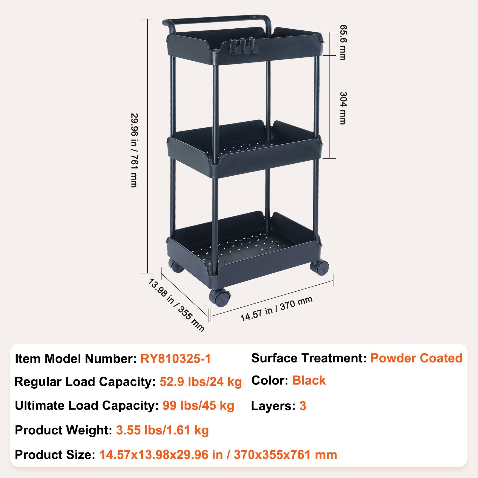 3-Tier Multi-Functional Rolling Utility Cart with Lockable Wheels, Movable Storage Basket Trolley for Kitchen, Office, Living Room - Black