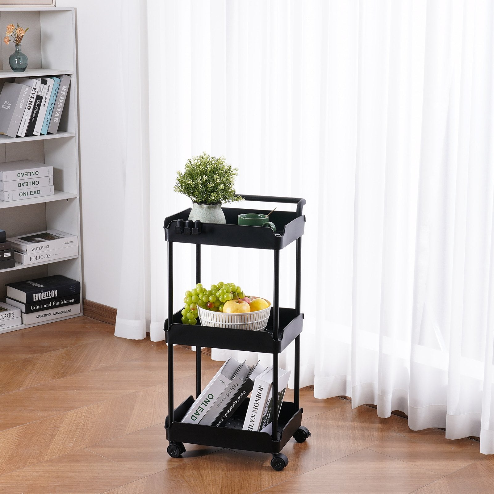3-Tier Multi-Functional Rolling Utility Cart with Lockable Wheels, Movable Storage Basket Trolley for Kitchen, Office, Living Room - Black