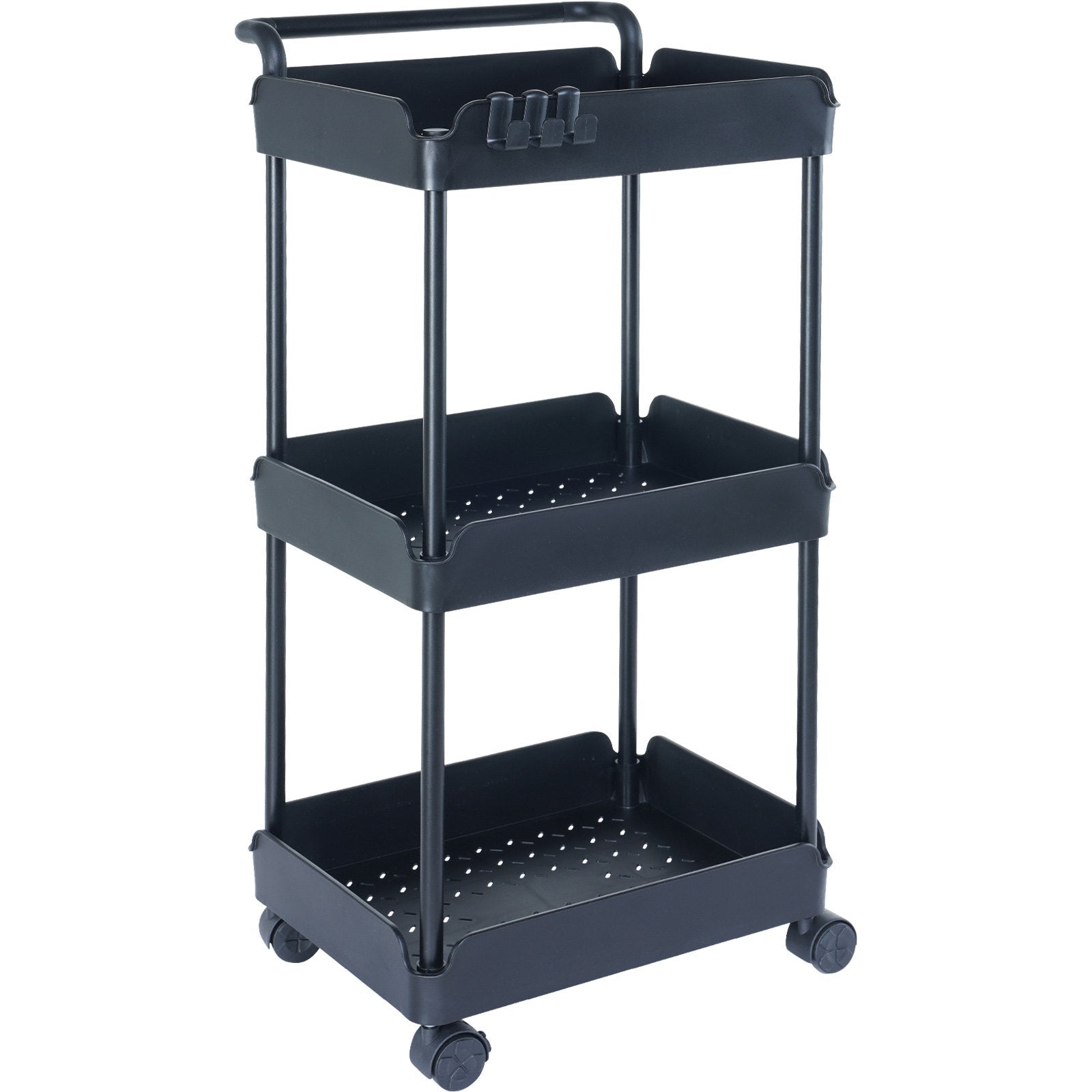 3-Tier Multi-Functional Rolling Utility Cart with Lockable Wheels, Movable Storage Basket Trolley for Kitchen, Office, Living Room - Black