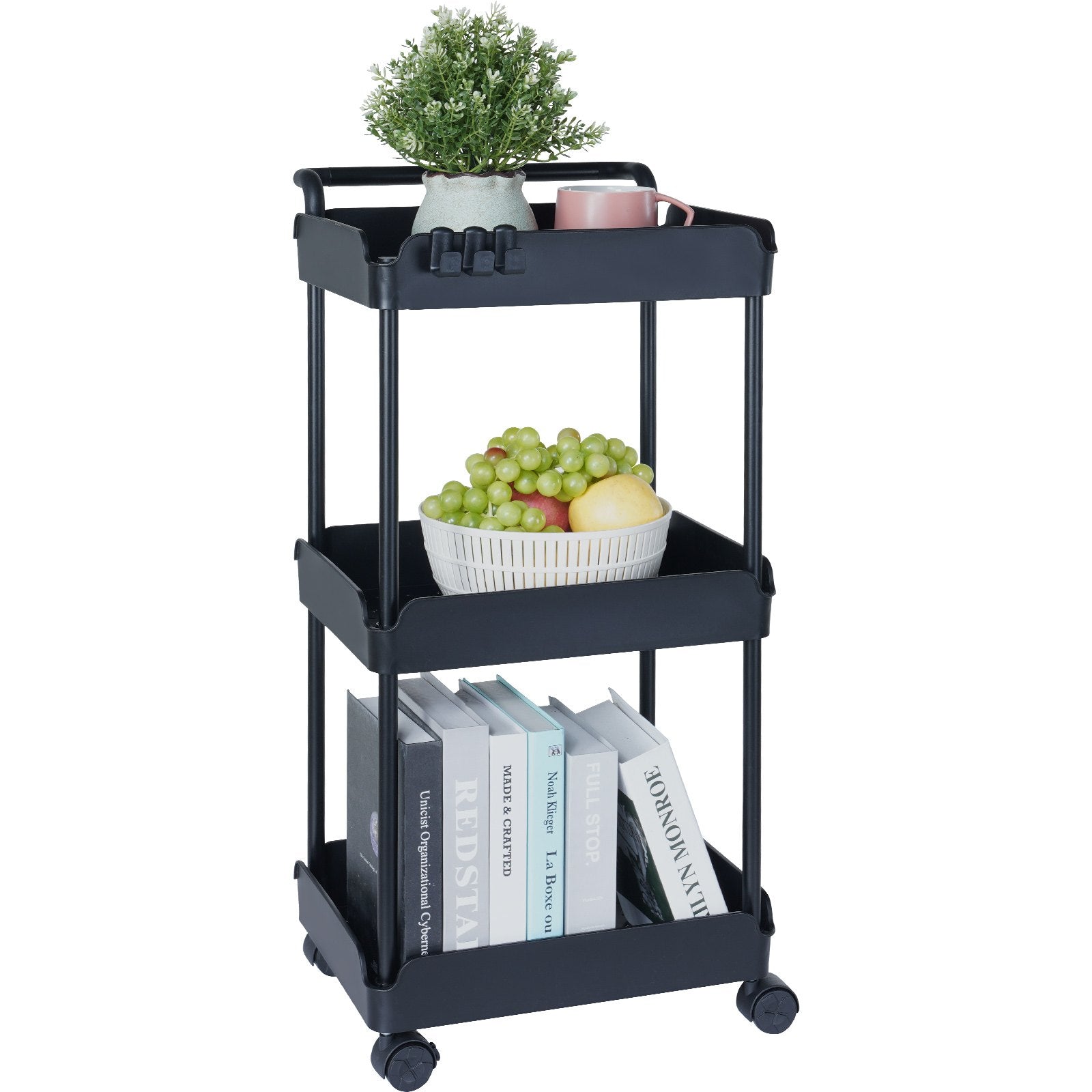 3-Tier Multi-Functional Rolling Utility Cart with Lockable Wheels, Movable Storage Basket Trolley for Kitchen, Office, Living Room - Black