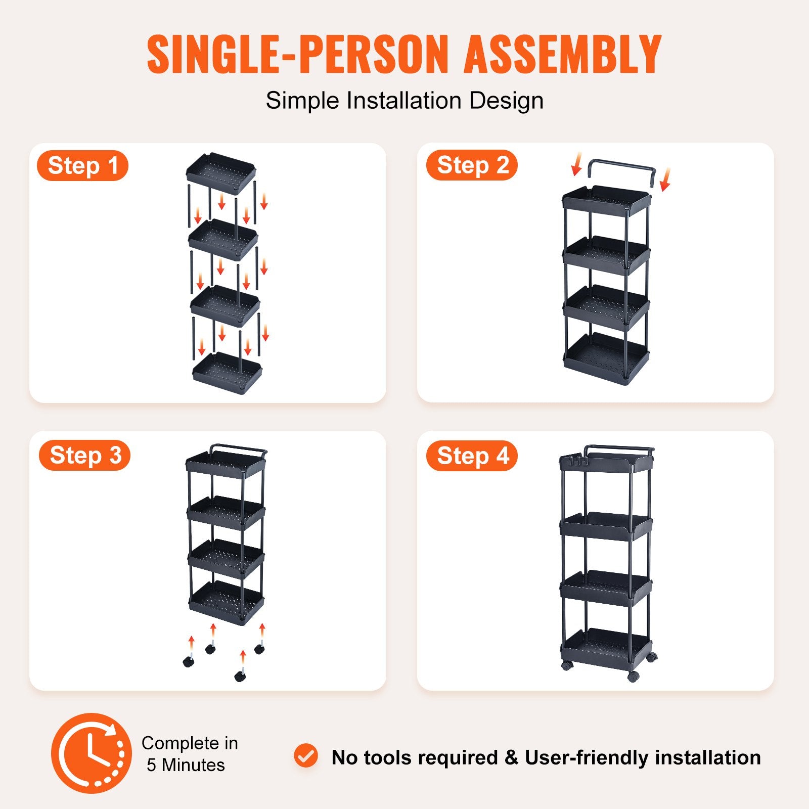 4-Tier Black Rolling Utility Cart with Lockable Wheels, Versatile Kitchen and Office Storage Trolley, Movable Basket Organizer Shelves