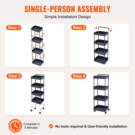 4-Tier Black Rolling Utility Cart with Lockable Wheels, Versatile Kitchen and Office Storage Trolley, Movable Basket Organizer Shelves