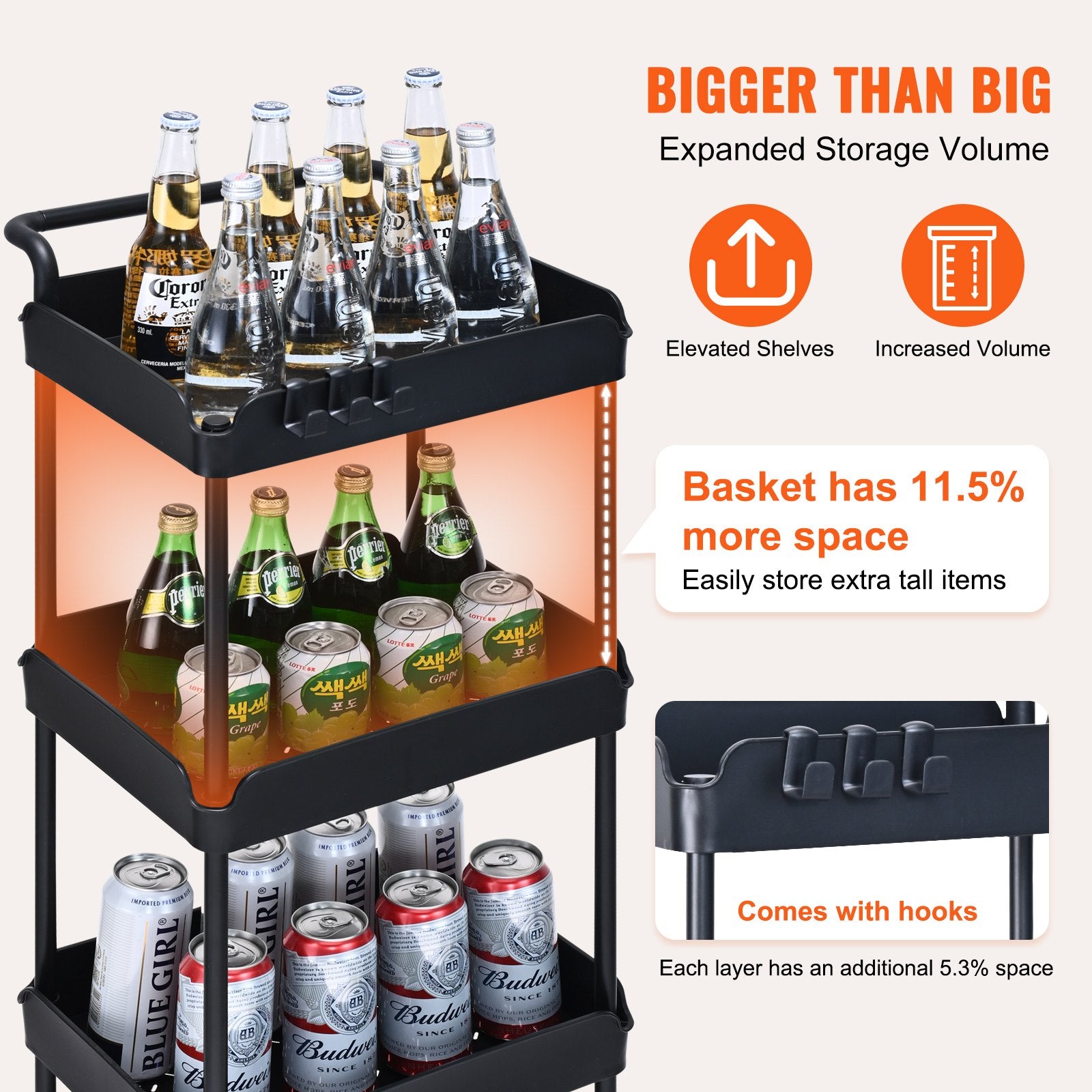 4-Tier Black Rolling Utility Cart with Lockable Wheels, Versatile Kitchen and Office Storage Trolley, Movable Basket Organizer Shelves