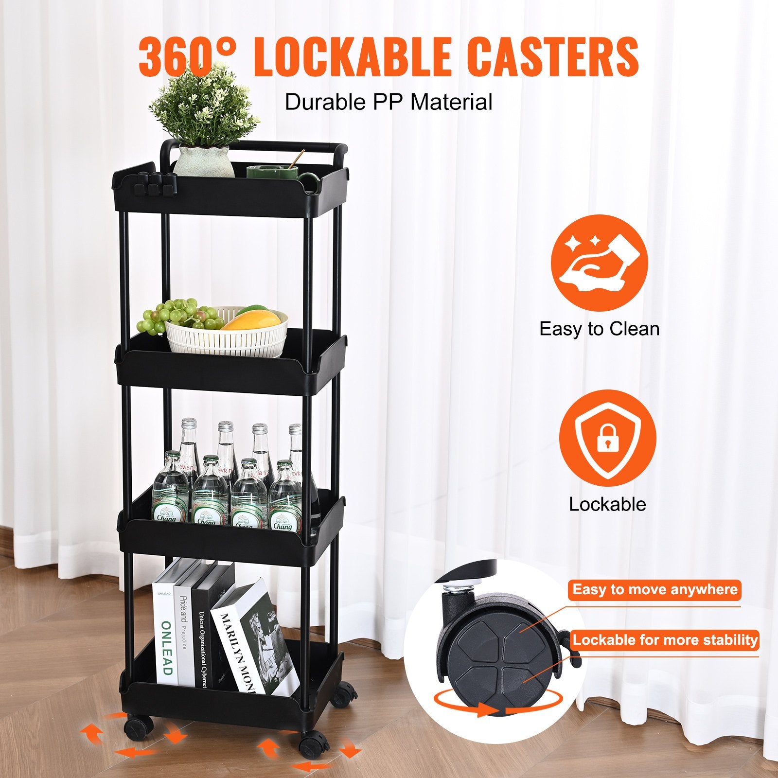 4-Tier Black Rolling Utility Cart with Lockable Wheels, Versatile Kitchen and Office Storage Trolley, Movable Basket Organizer Shelves