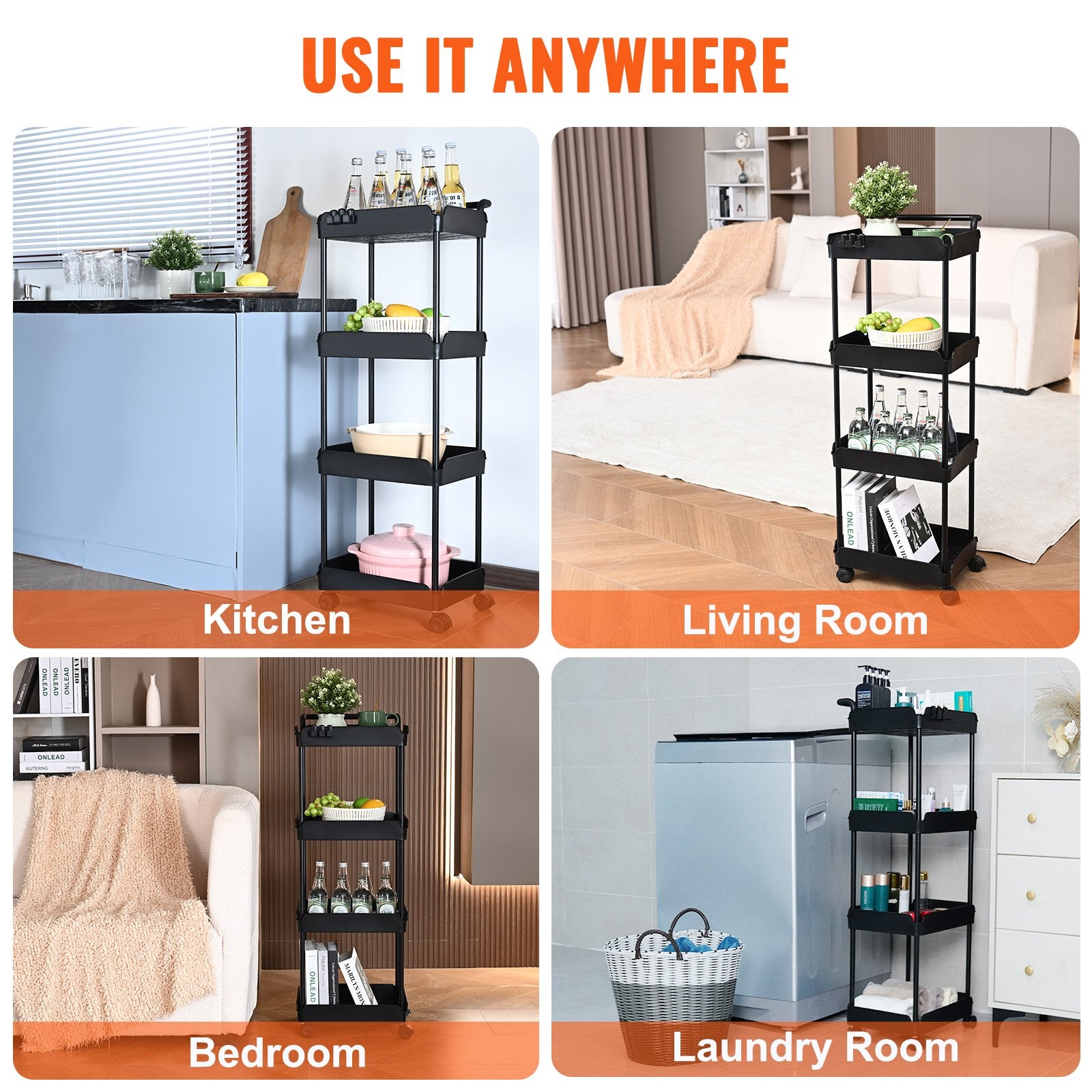 4-Tier Black Rolling Utility Cart with Lockable Wheels, Versatile Kitchen and Office Storage Trolley, Movable Basket Organizer Shelves
