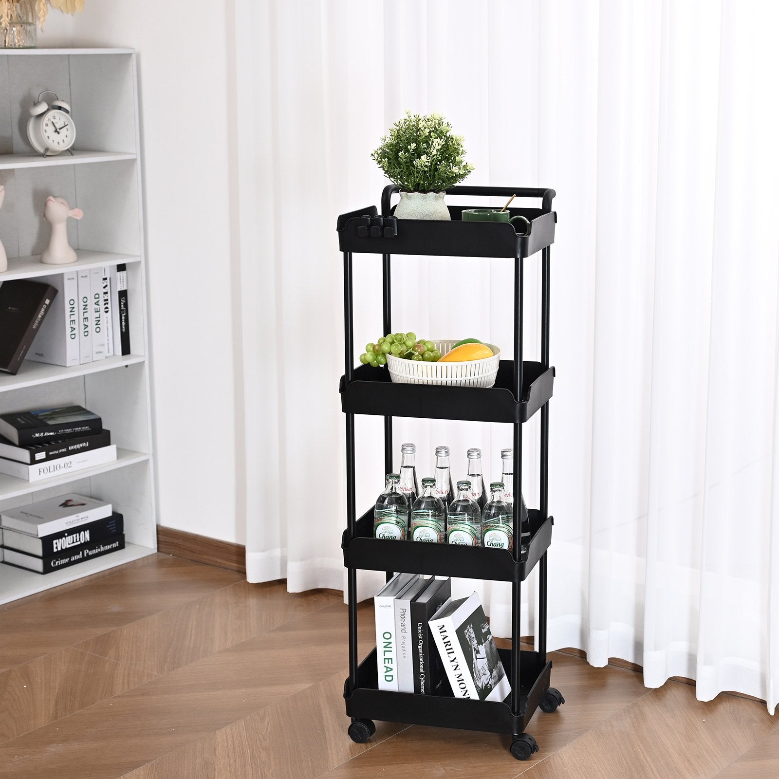 4-Tier Black Rolling Utility Cart with Lockable Wheels, Versatile Kitchen and Office Storage Trolley, Movable Basket Organizer Shelves