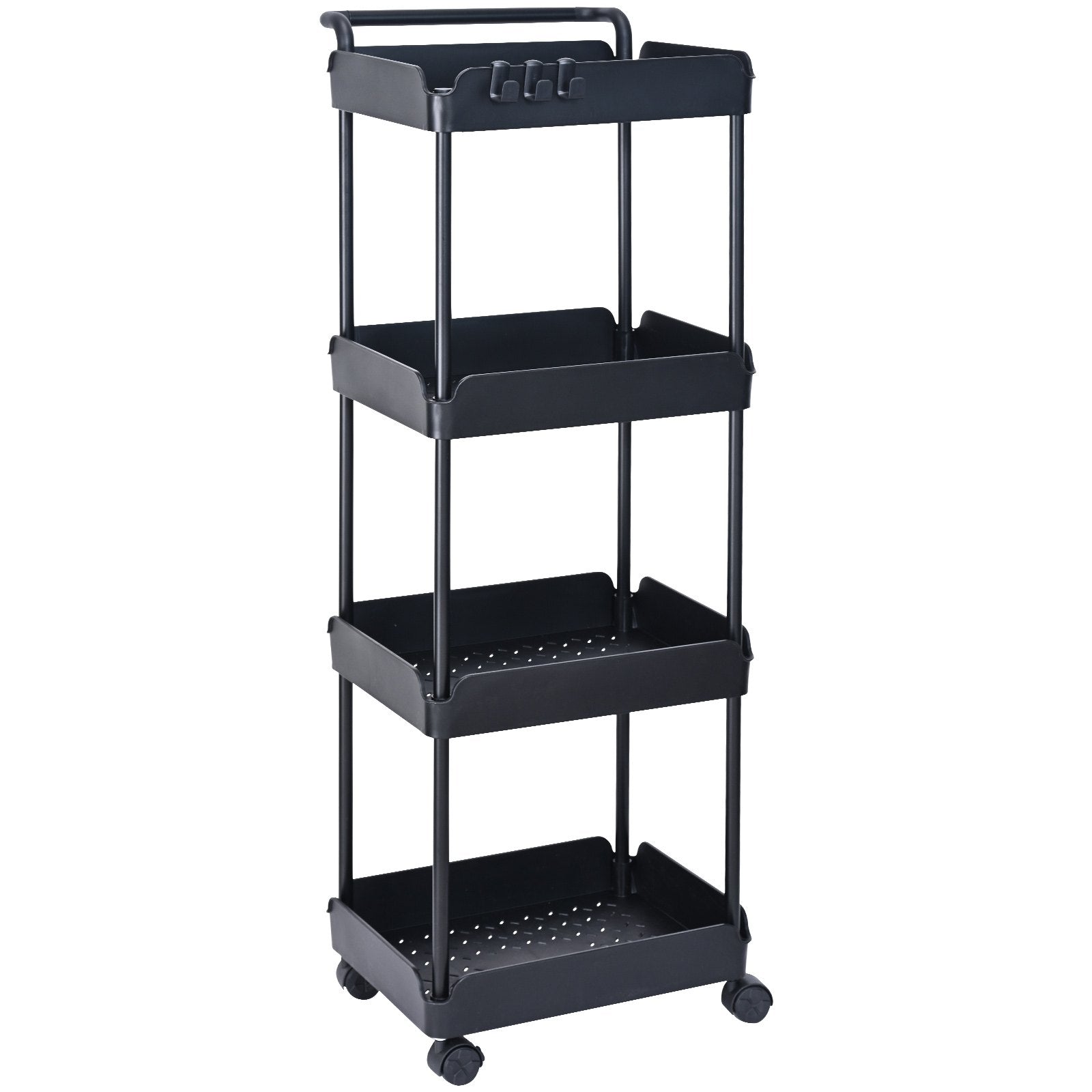 4-Tier Black Rolling Utility Cart with Lockable Wheels, Versatile Kitchen and Office Storage Trolley, Movable Basket Organizer Shelves