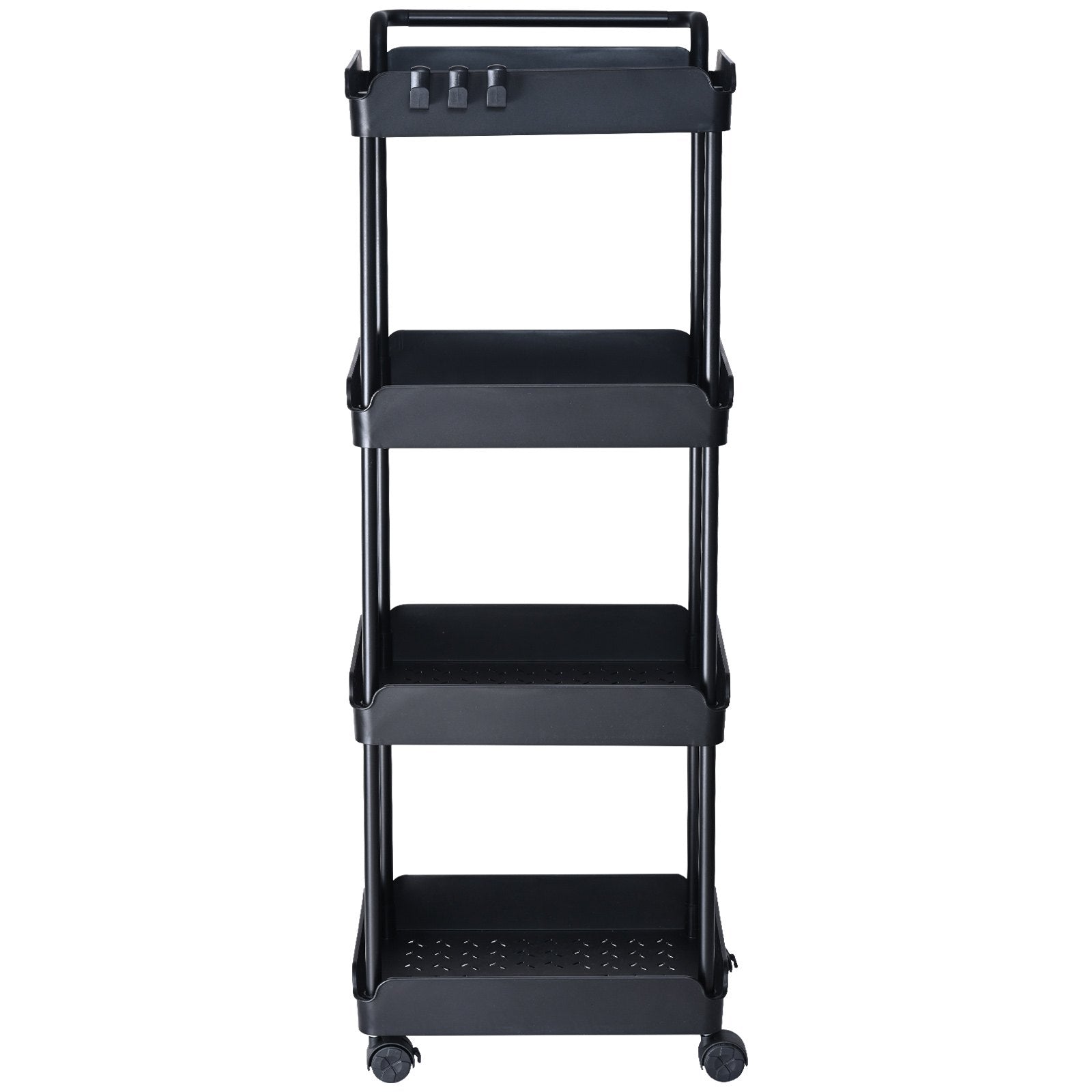 4-Tier Black Rolling Utility Cart with Lockable Wheels, Versatile Kitchen and Office Storage Trolley, Movable Basket Organizer Shelves