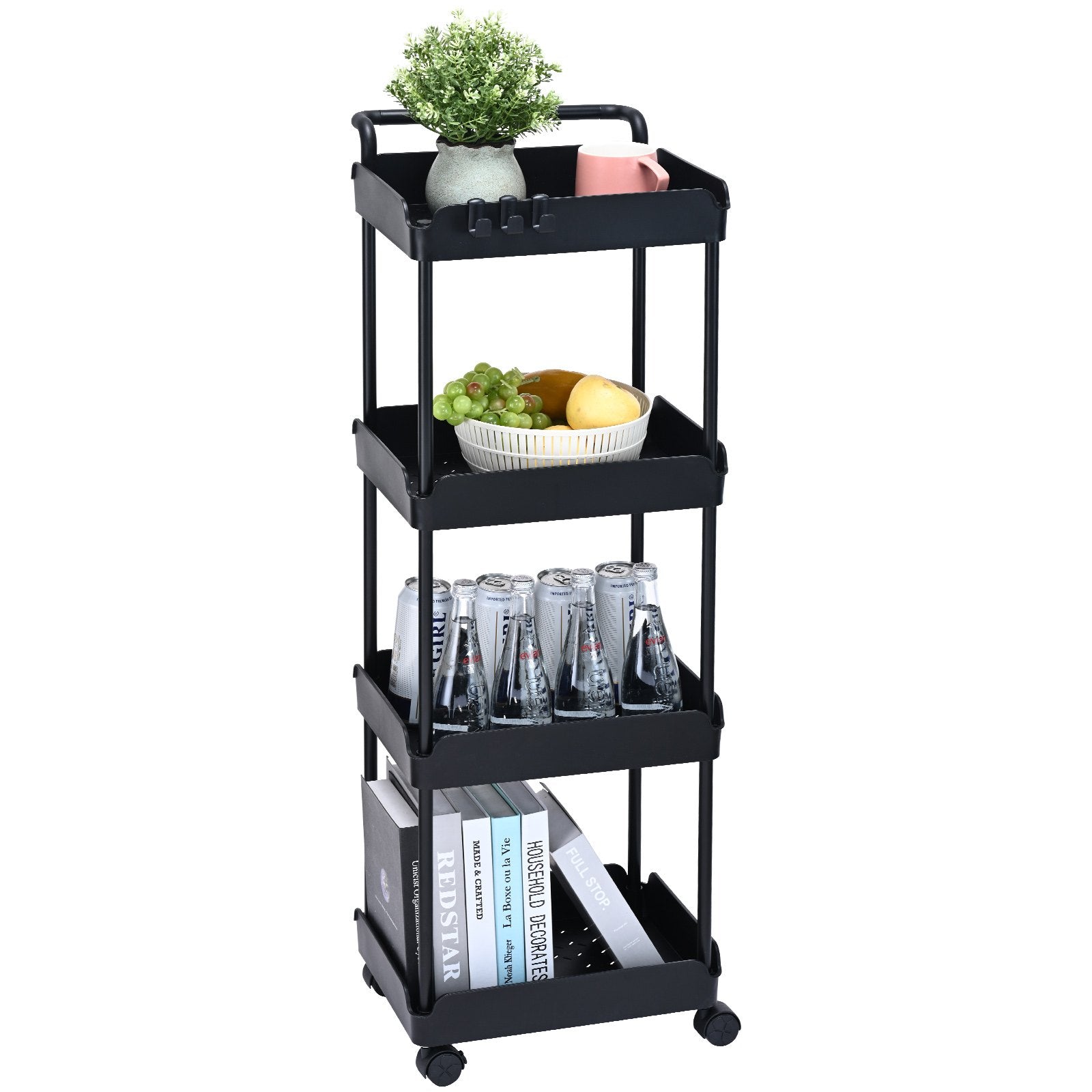 4-Tier Black Rolling Utility Cart with Lockable Wheels, Versatile Kitchen and Office Storage Trolley, Movable Basket Organizer Shelves