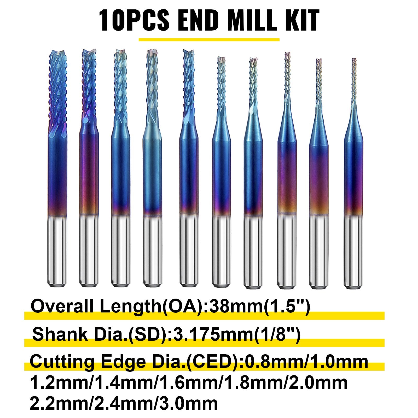 10-Piece Tungsten Steel CNC Router Bit Set, 1/8" Shank, Nano Blue Coated End Mills for Precision Engraving and Cutting Acrylic, Wood, and More