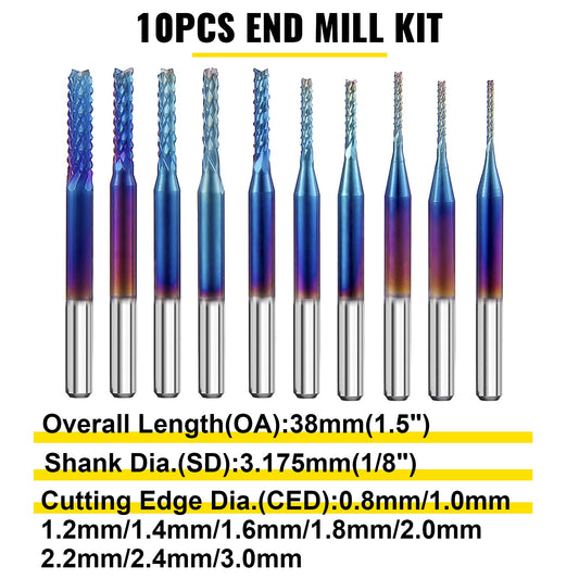 10-Piece Tungsten Steel CNC Router Bit Set, 1/8" Shank, Nano Blue Coated End Mills for Precision Engraving and Cutting Acrylic, Wood, and More
