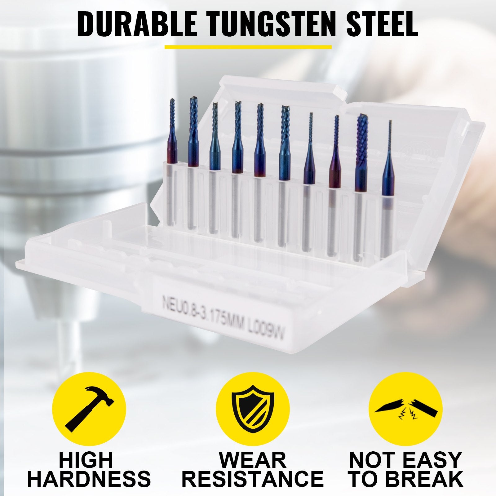 10-Piece Tungsten Steel CNC Router Bit Set, 1/8" Shank, Nano Blue Coated End Mills for Precision Engraving and Cutting Acrylic, Wood, and More