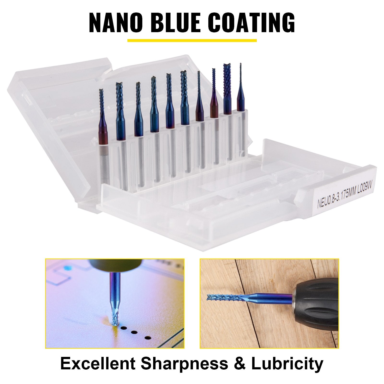 10-Piece Tungsten Steel CNC Router Bit Set, 1/8" Shank, Nano Blue Coated End Mills for Precision Engraving and Cutting Acrylic, Wood, and More