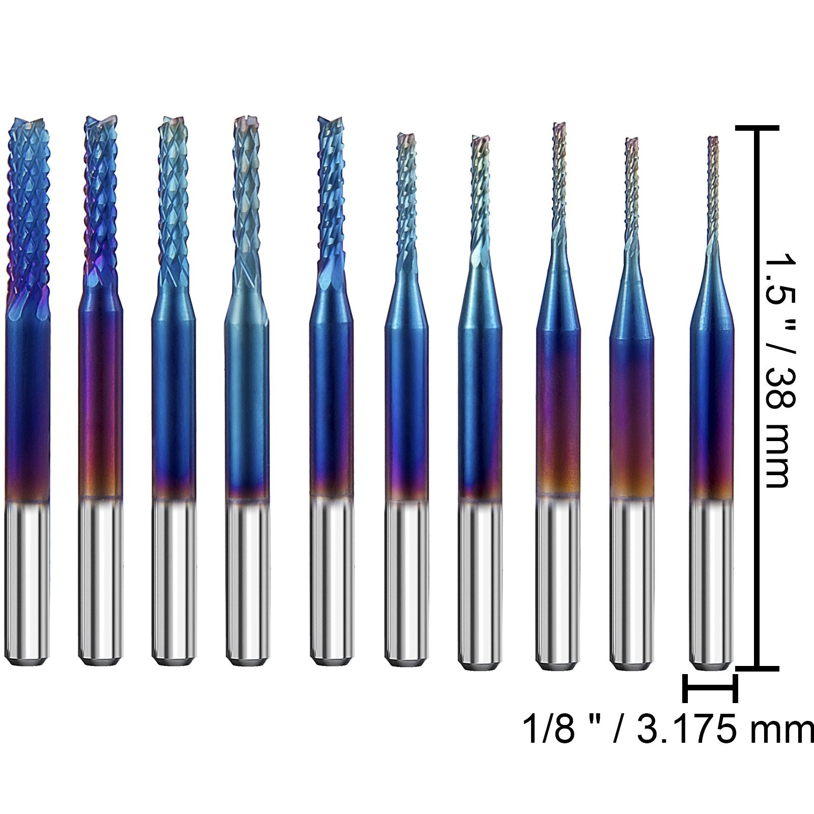 10-Piece Tungsten Steel CNC Router Bit Set, 1/8" Shank, Nano Blue Coated End Mills for Precision Engraving and Cutting Acrylic, Wood, and More