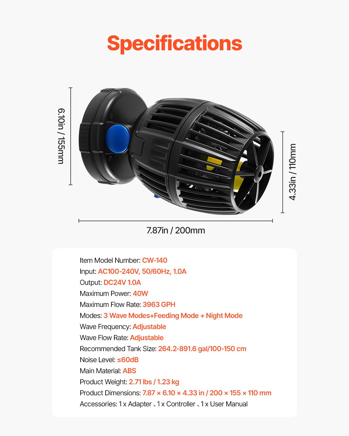 40W Aquarium Wave Maker with 3963 GPH Flow, Quiet DC Powerhead, Magnetic Base, 360° Rotation, Adjustable for Freshwater and Saltwater Tanks