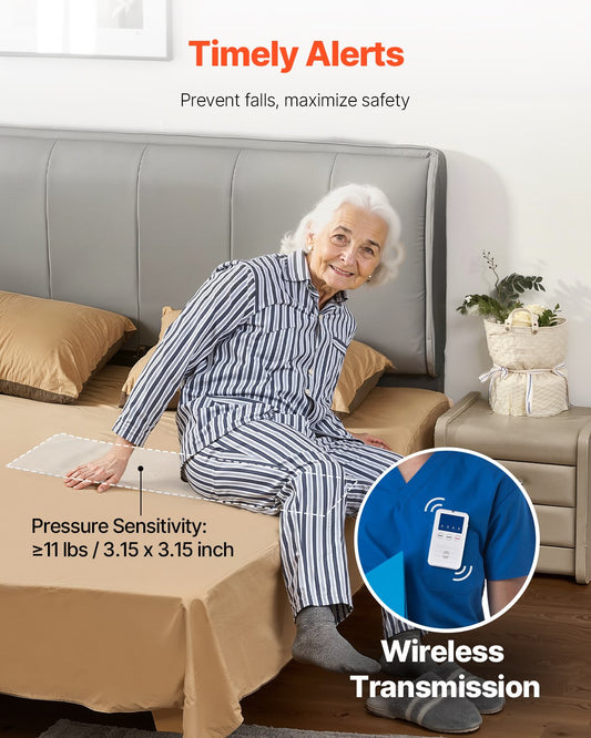 Wireless Bed Alarm System for Elderly and Dementia Care, 10x35" Sensor Pad with Call Button & Pager, Fall Prevention Safety Alert