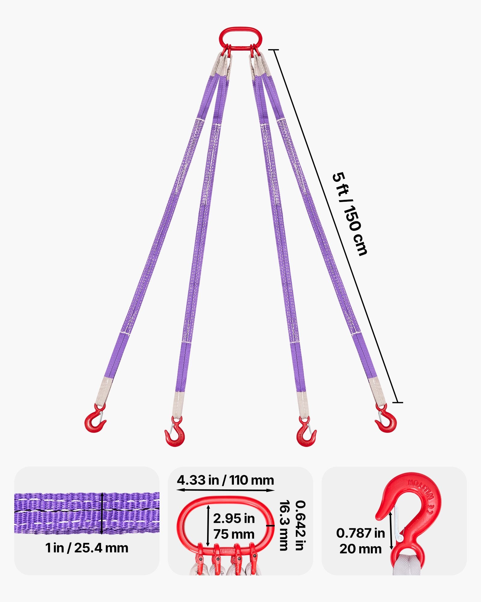Heavy Duty 4-Leg Polyester Bridle Sling Straps with Hooks - 6600LB Capacity, 5Ft Rigging Strap for Engines, Cranes, Hoists, Trucks, Wear-Resistant & Thickened Webbing