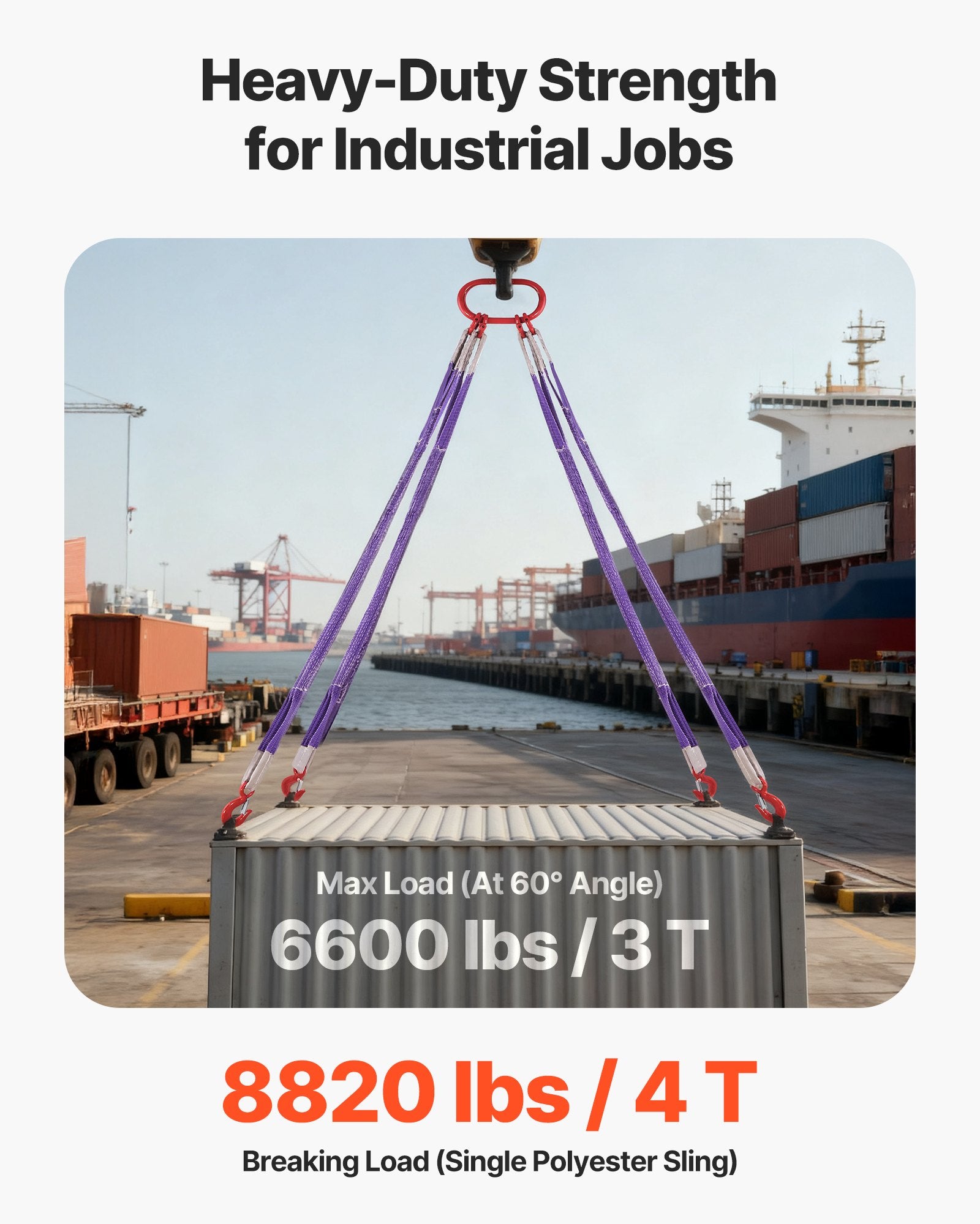 Heavy Duty 4-Leg Polyester Bridle Sling Straps with Hooks - 6600LB Capacity, 5Ft Rigging Strap for Engines, Cranes, Hoists, Trucks, Wear-Resistant & Thickened Webbing
