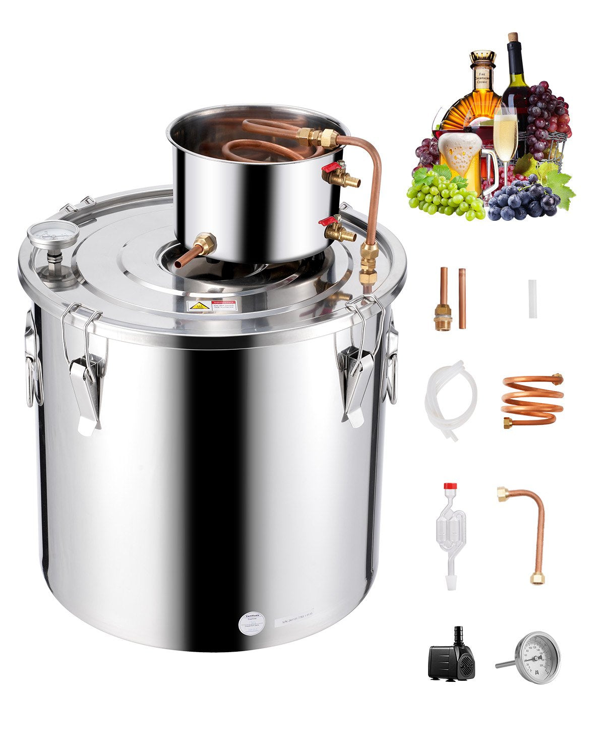 13.2 Gal Stainless Steel Alcohol Distiller Kit with Copper Coil, Thermometer & Pump for Home Brewing Wine, Whisky, Brandy Crafting