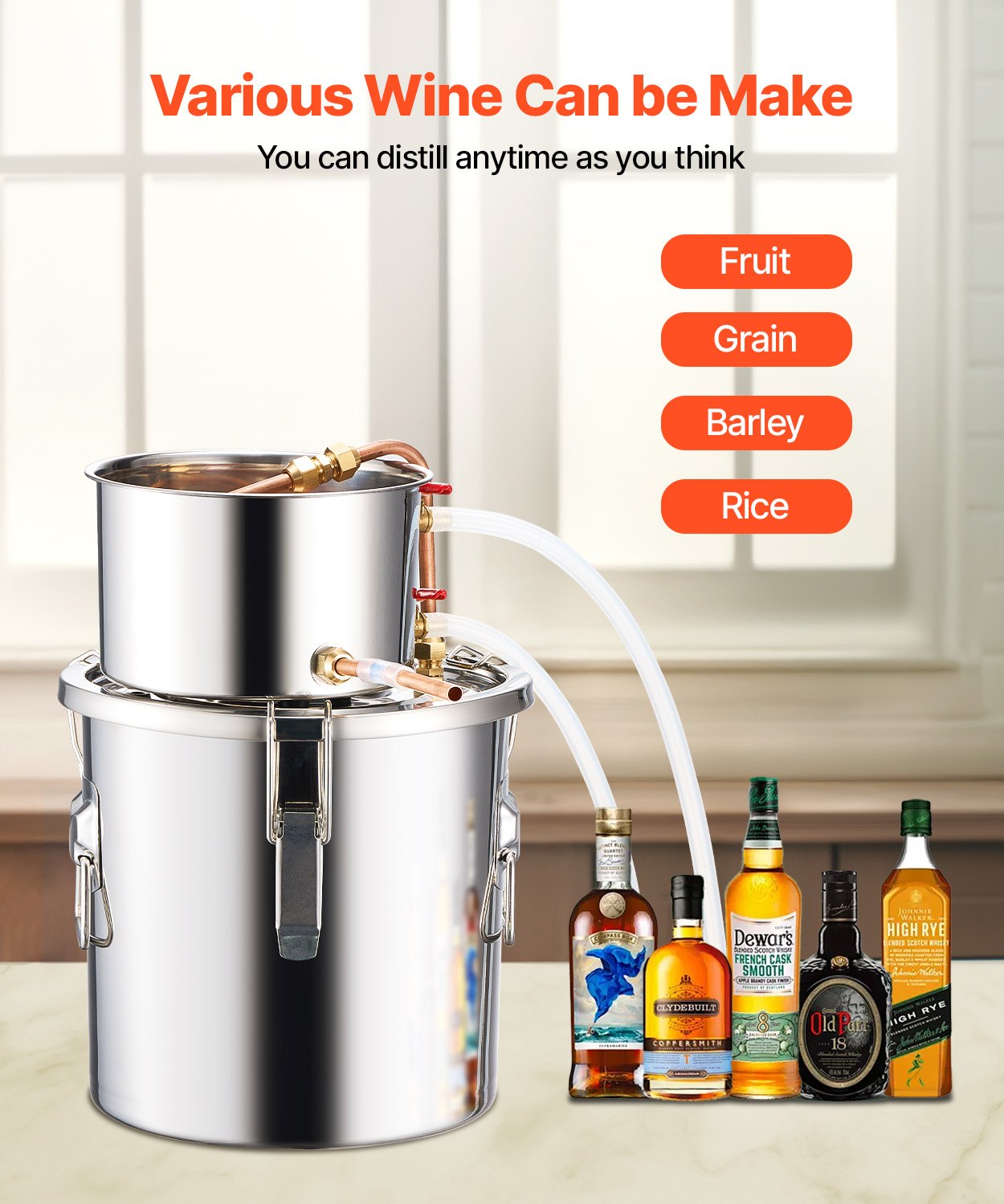 3 Gal Stainless Steel Alcohol Distiller Kit with Copper Coil & Thermometer - Home Brewing for Wine, Whisky, Brandy, Efficient Condensation System