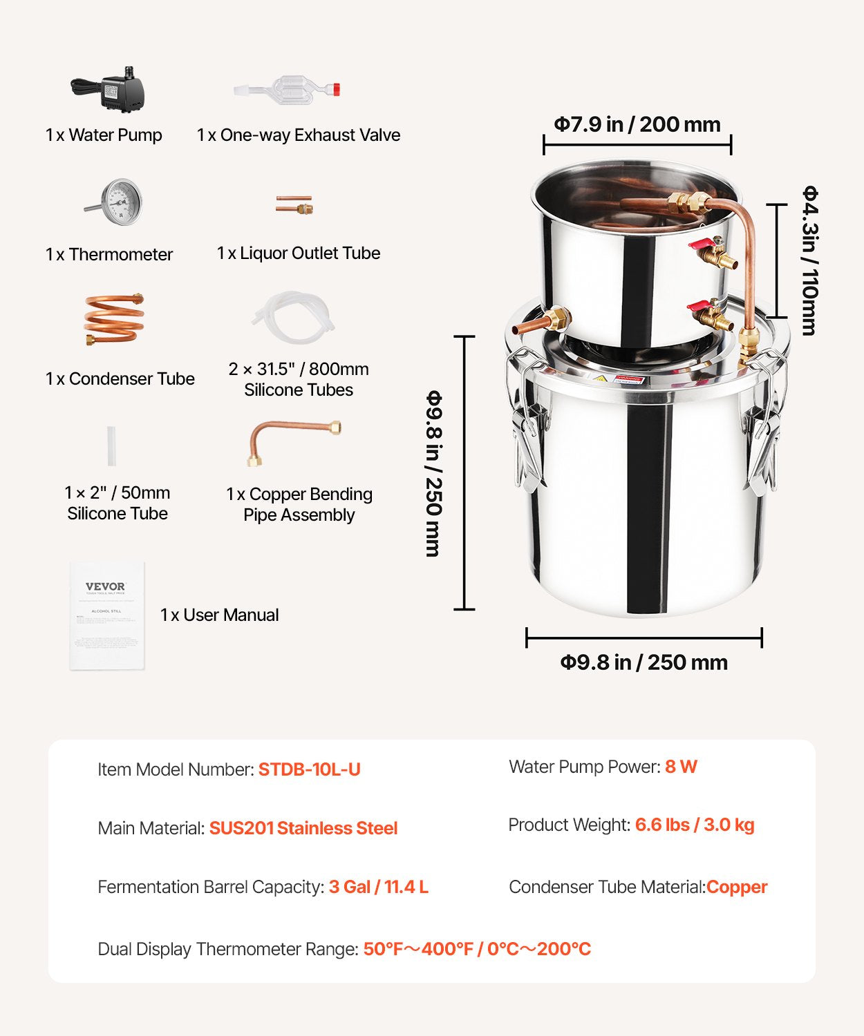 3 Gal Stainless Steel Alcohol Distiller Kit with Copper Coil & Thermometer - Home Brewing for Wine, Whisky, Brandy, Efficient Condensation System