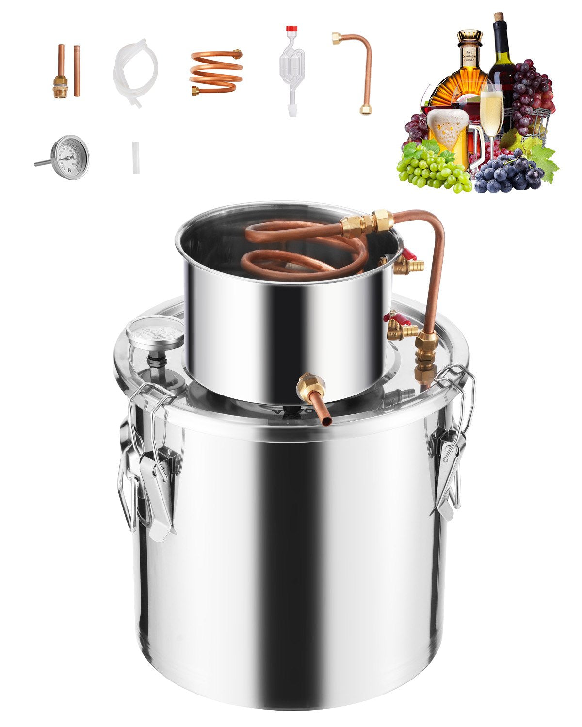 5 Gal Stainless Steel Alcohol Distiller Kit with Copper Coil - Home Brewing & Fermentation for Wine, Whisky, Brandy, Silver