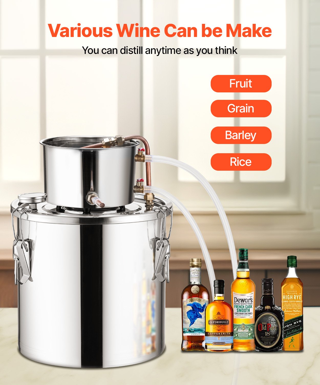 5 Gal Home Distillation Kit - Stainless Steel Alcohol Still with Copper Coil, Thermometer & Pump for Wine, Whisky, Brandy Brewing