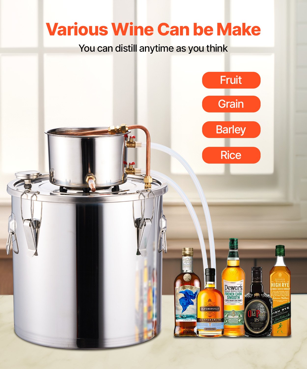 8 Gal Stainless Steel Alcohol Distiller Kit with Copper Coil - Home Brewing Equipment for Wine, Whisky, Brandy & More, Includes Thermometer