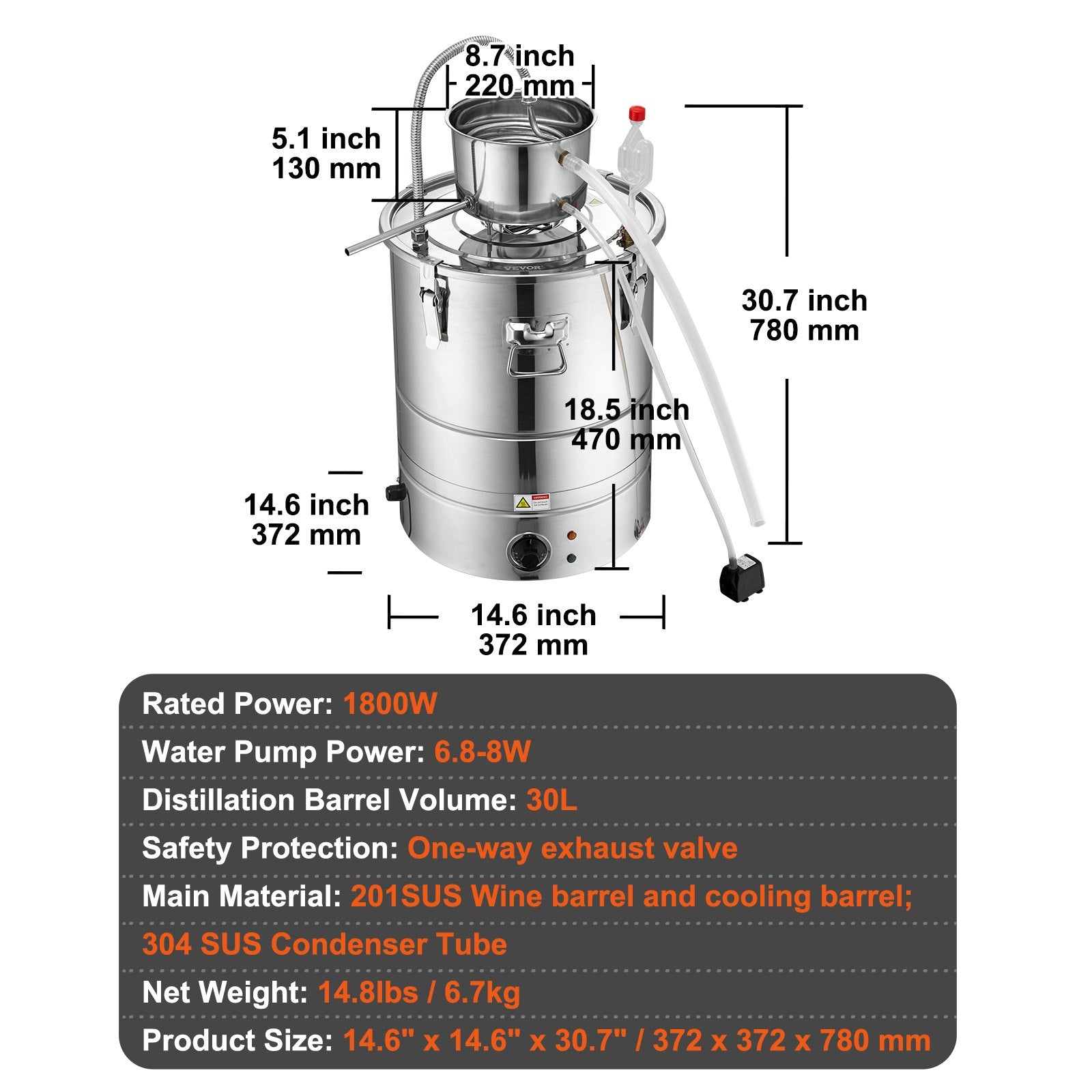 9 Gallon 30L Home Alcohol Distiller Kit with Stainless Steel Tube, Pump, Exhaust Valve, Thermometer for DIY Whisky, Wine & Brandy