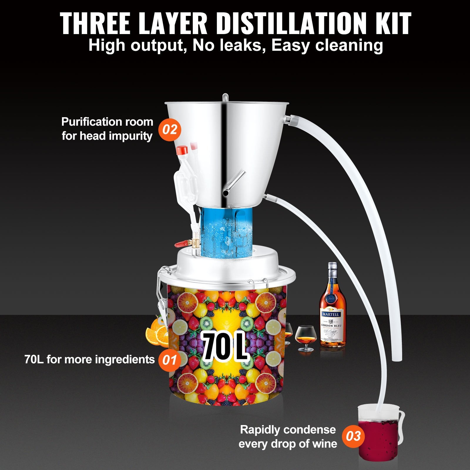 18 Gal 70L Alcohol Distiller Kit, Stainless Steel Home Distillery with Pump & Thermometer for Whisky, Wine, Brandy DIY