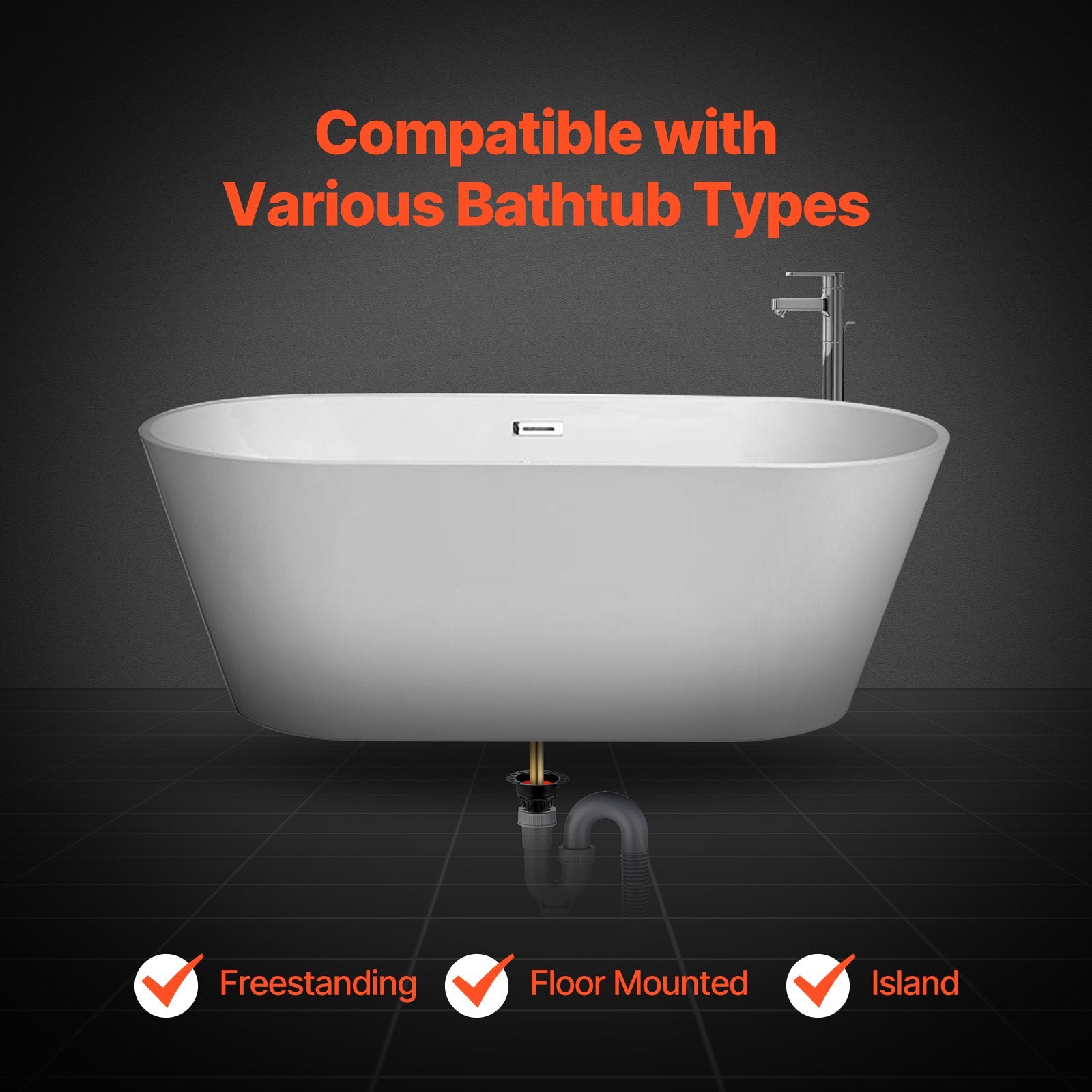 ABS Freestanding Bathtub Drain Kit with 2 Brass Tail Pipes, Easy Installation for Floor and Island Bathtubs, Durable and Efficient Drainage System