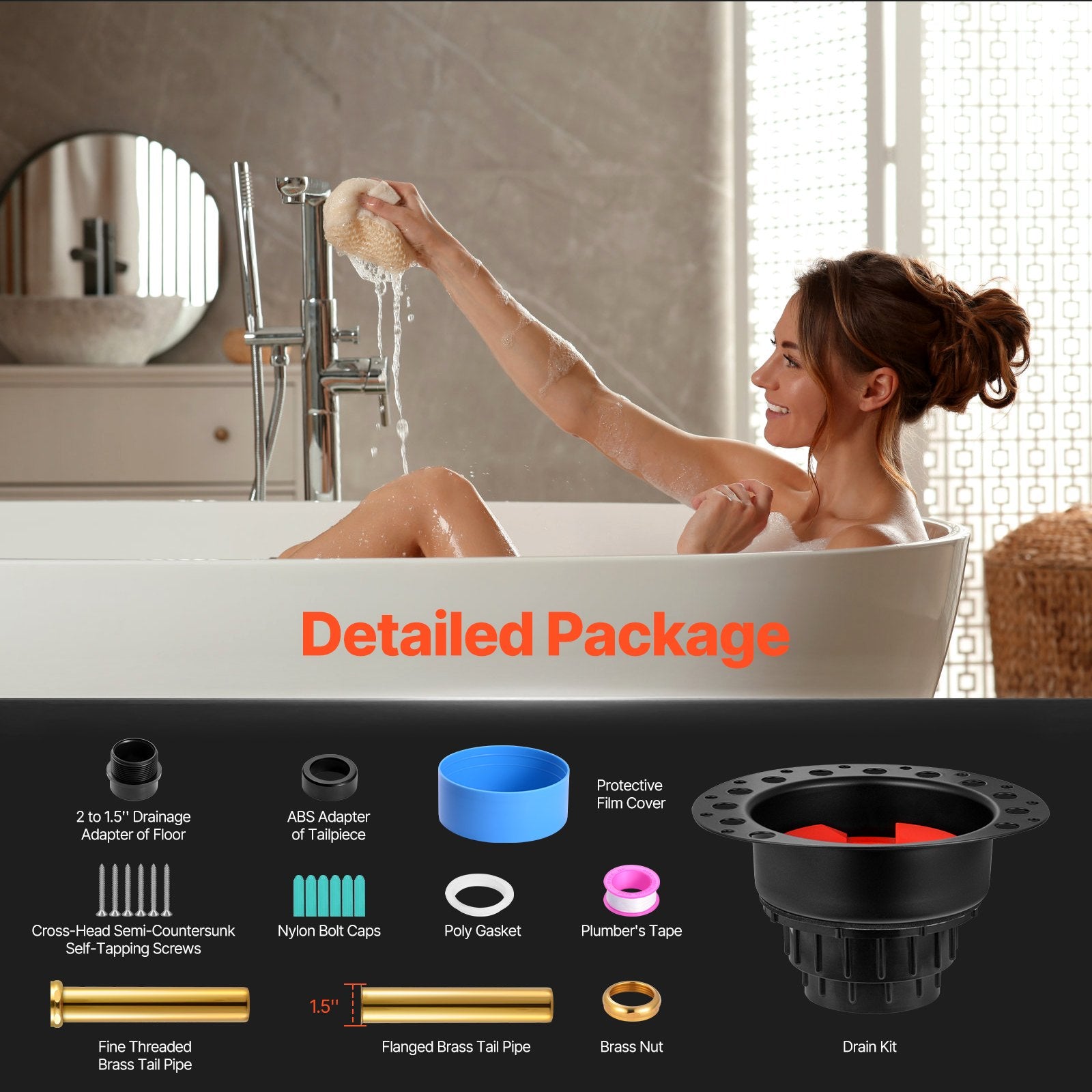 ABS Freestanding Bathtub Drain Kit with 2 Brass Tail Pipes, Easy Installation for Floor and Island Bathtubs, Durable and Efficient Drainage System
