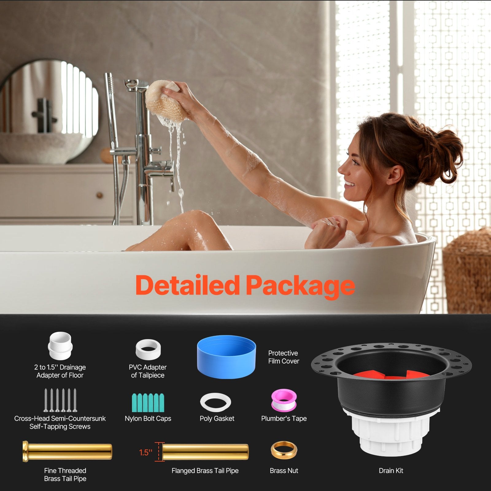 PVC Freestanding Tub Drain Kit with Brass Tail Pipes and Adapter, Compatible with Floor and Island Bathtubs, Easy Installation