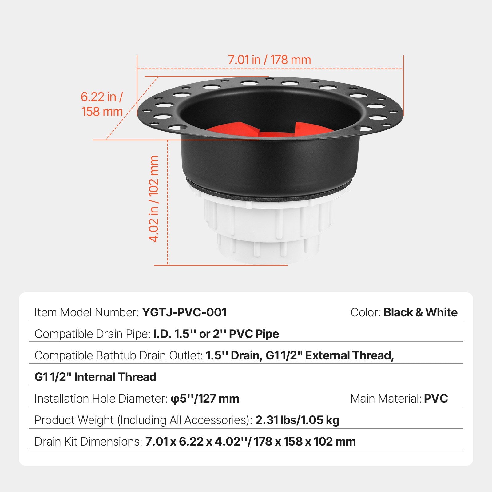 PVC Freestanding Tub Drain Kit with Brass Tail Pipes and Adapter, Compatible with Floor and Island Bathtubs, Easy Installation