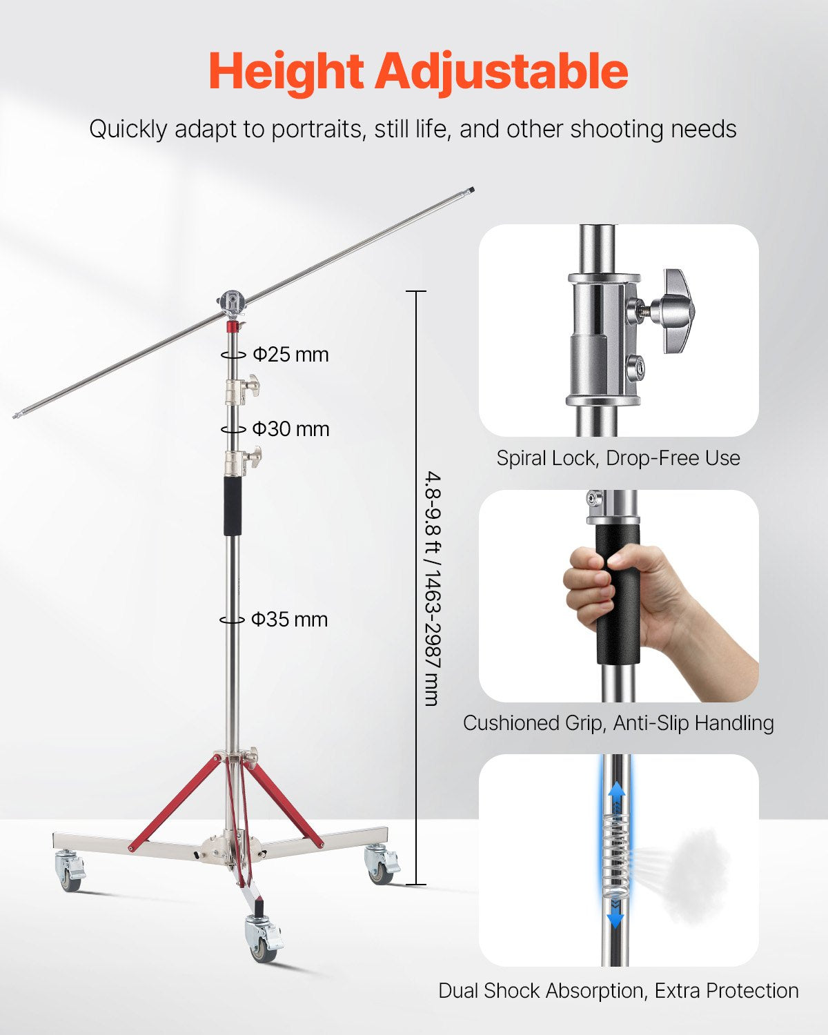 Heavy Duty 10.5 ft Adjustable Tripod Light Stand with Casters, Stainless Steel Base for Studio Softbox, Monolight, Reflector, Photography Equipment